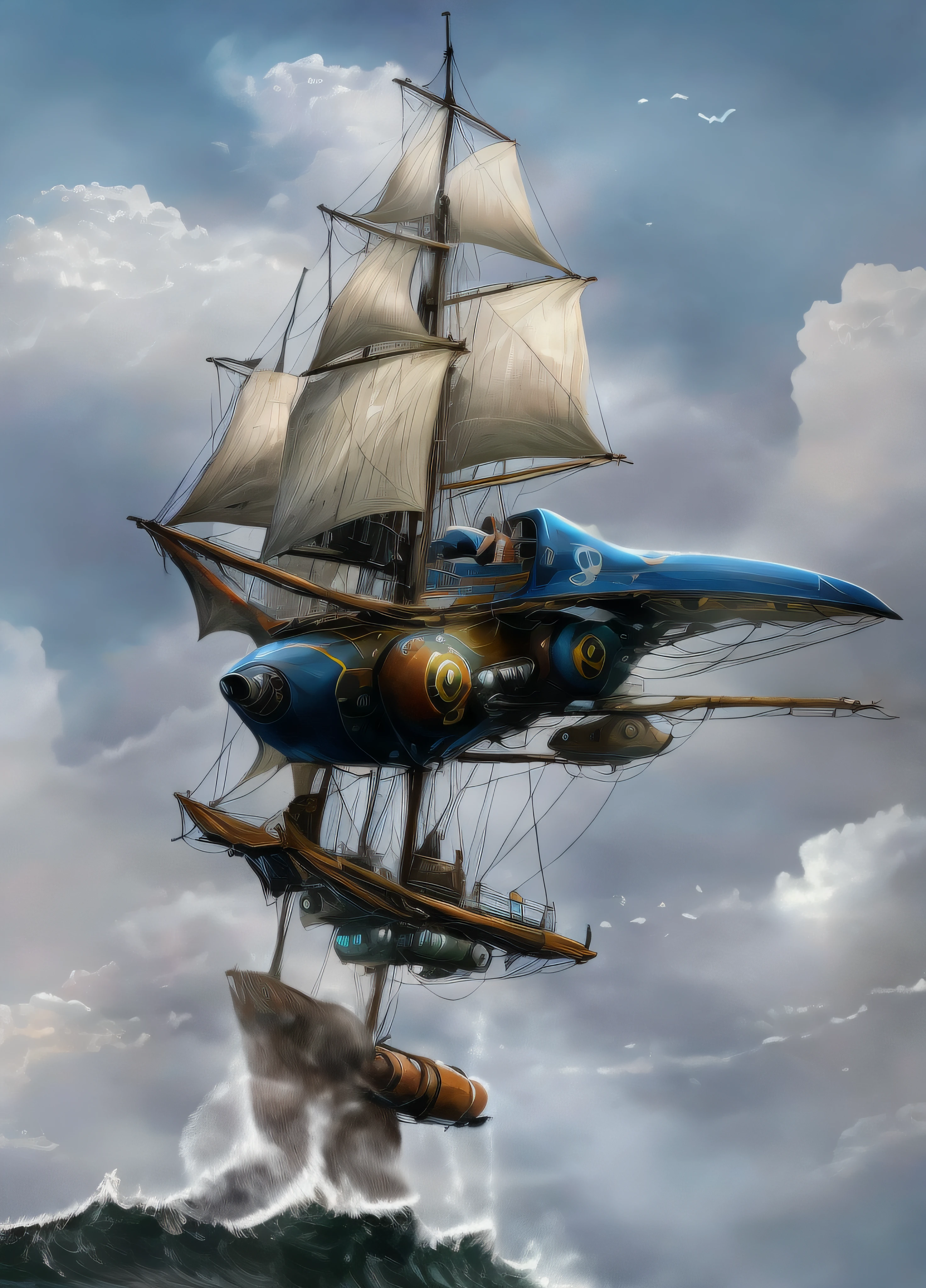 Super barco de vela futurista volando entre las nubes rodeado de gaviotas y super tiburones nadando en un mar embravecido con enormes olas amenazantes chocando contra acantilados de islas volcanicas