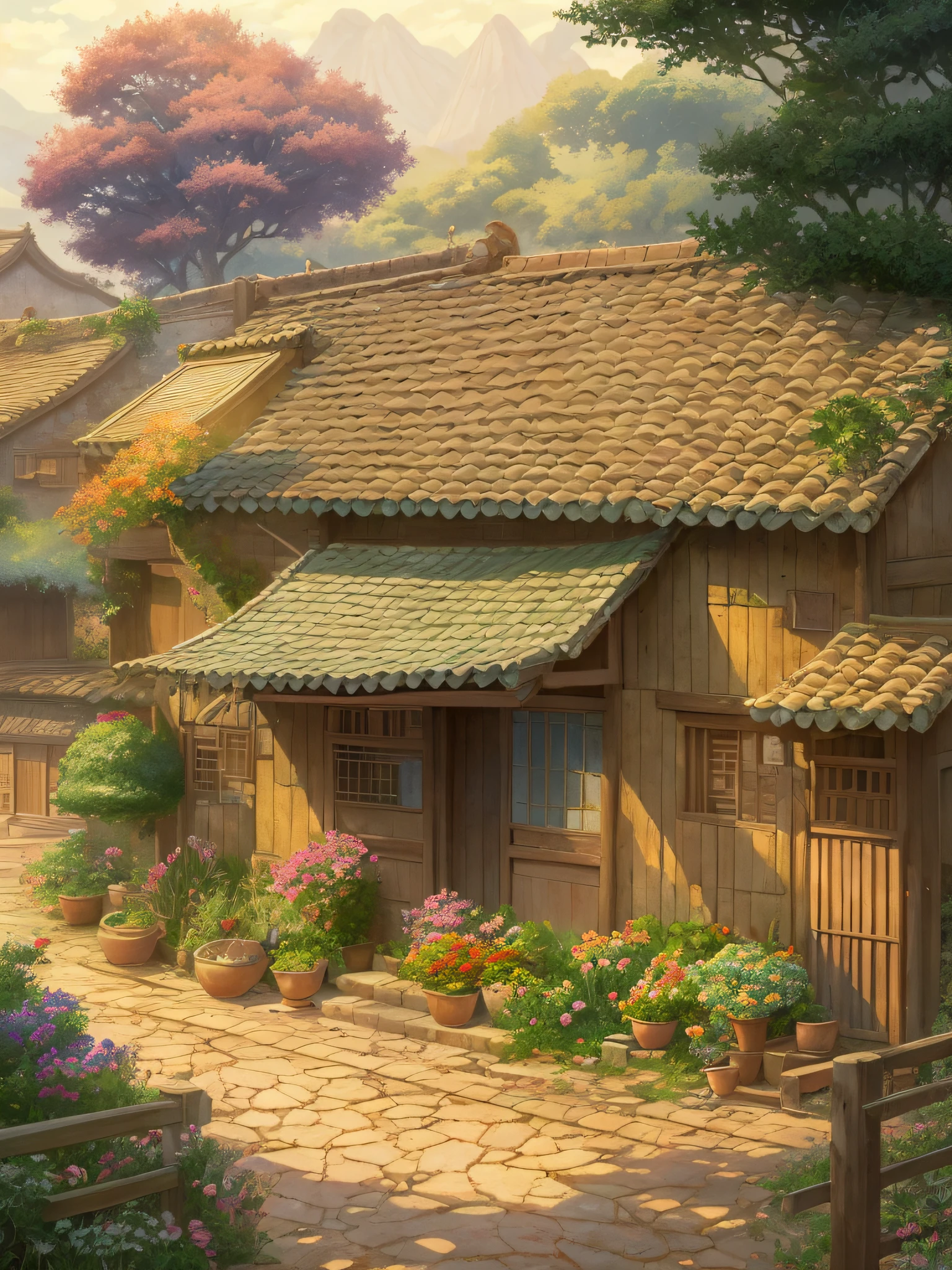 In the 80s of the 19th century, Rural China，Adobe brick house，Single-storey low-rise house，Vegetables were grown in front of the house, Anime background art, detailed scenic view，tomas kinkade，peaceful scene，Works of masters，anime backgrounds，ghibli studio art