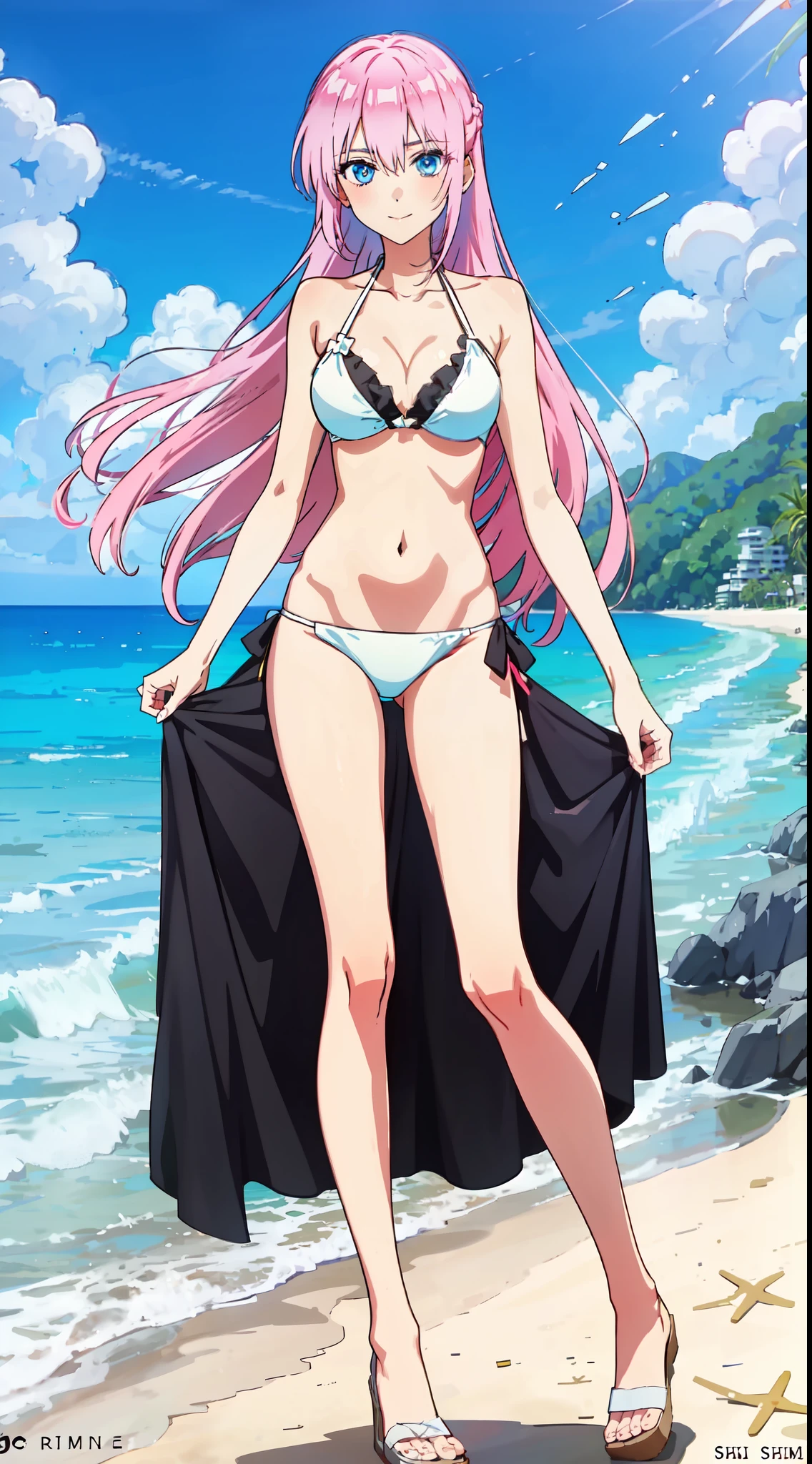 shikimori, slim legs, beautiful eyes, blue eyes, nervous, pink hair, long hair, white side tie bikini, beach