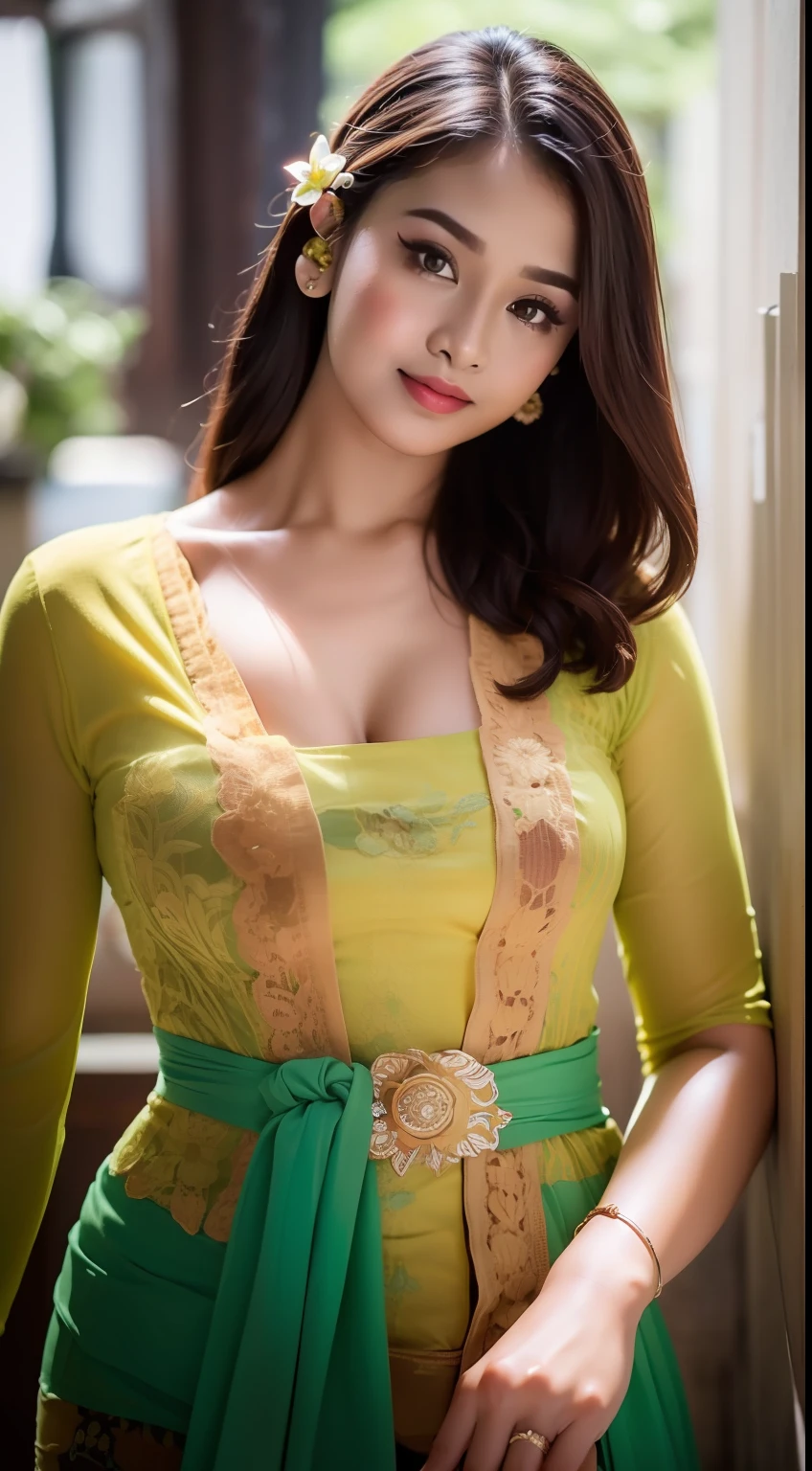 8k portrait of beautiful cyborg with brown hair, ((coffee)), photography, portrait of gadis_jelita wearing kebaya_bali in green_kebaya_bali, red lipstick, detail, flowers, blurry background, soft focus, (masterpiece, sidelighting, finely detailed beautiful eyes: 1.2), hdr
