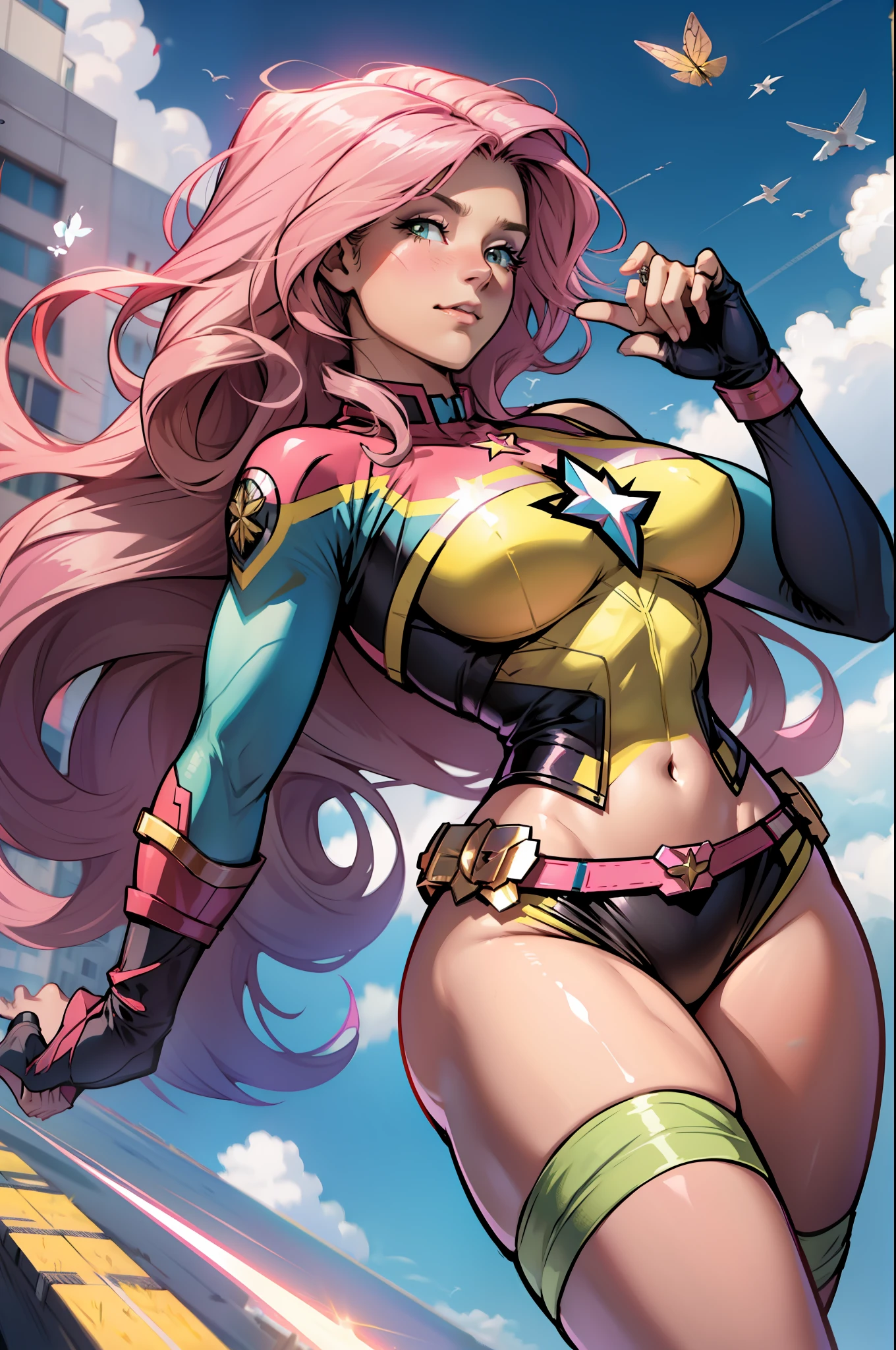 Fluttershy, Huge-breasts, Lush breasts, Elastic breasts, hairlong, Luxurious hairstyle, In the costume of Captain Marvel, pink and yellow suit, Elegant boots, in the sky, Birds nearby, Butterflies, superhero, brawn, Pink Trail, in full height, Hesitate, Magic, Flight beam, beste-Qualit, Very detailed, 8K quality, in full height