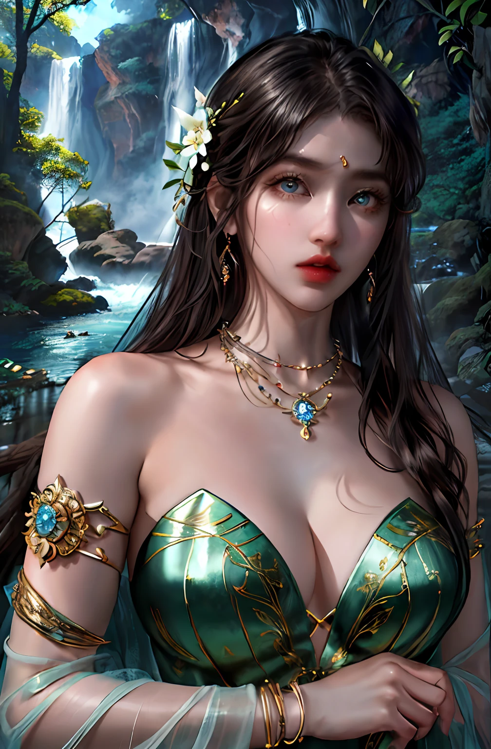 ((Realistic:1.5)),Ulzzang-6500:0.7,((Best quality)), ((Masterpiece)),((Detailed)),2girls,duo,{2 beautiful women}, (Upper body:1.3),Hug and touch each other, Tease your friend's waist, Breathless friends, Biting a friend's earlobe, crouched,super wide shot,Face focus, Long legs,Curvy, Barefoot,Wide hips, Thin legs, Oversized eyes,Long eyelashes, (Detailed face,beautidful eyes, detailedpupils,detailed clothes features, Clear background:1.3), (armlets, bangle:1.3), Mysterious ancient ruins, floresta exuberante, Deep canyon,bridge,River,cliff,Cloud,lakes,Rock music,Waterfalls, Flowers, Grass,grape trees,tree,bright detail,Sharp,Perfect compounding, Intricate, Sharp focus, Dramatic,