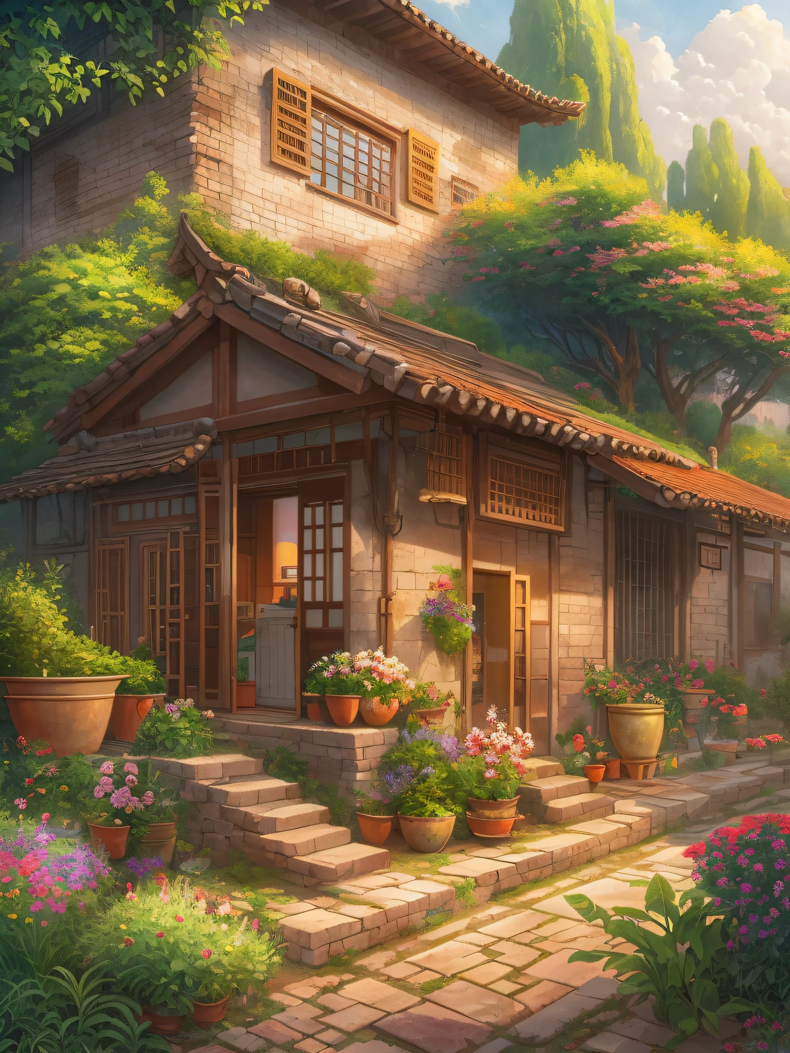 In the 80s of the 19th century, Rural China，Adobe brick house，Single-storey low-rise house，Vegetables were grown in front of the house, Anime background art, detailed scenic view，tomas kinkade，peaceful scene，Works of masters，anime backgrounds，ghibli studio art