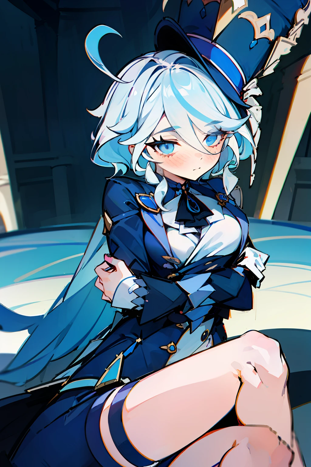 (masterpiece),best quality, expressive eyes, perfect face,w sitting, w sitting on ground, legs on ground, arms between legs, bot arms between legs,1girl,
big breast, H-cup, good breast,Focalors