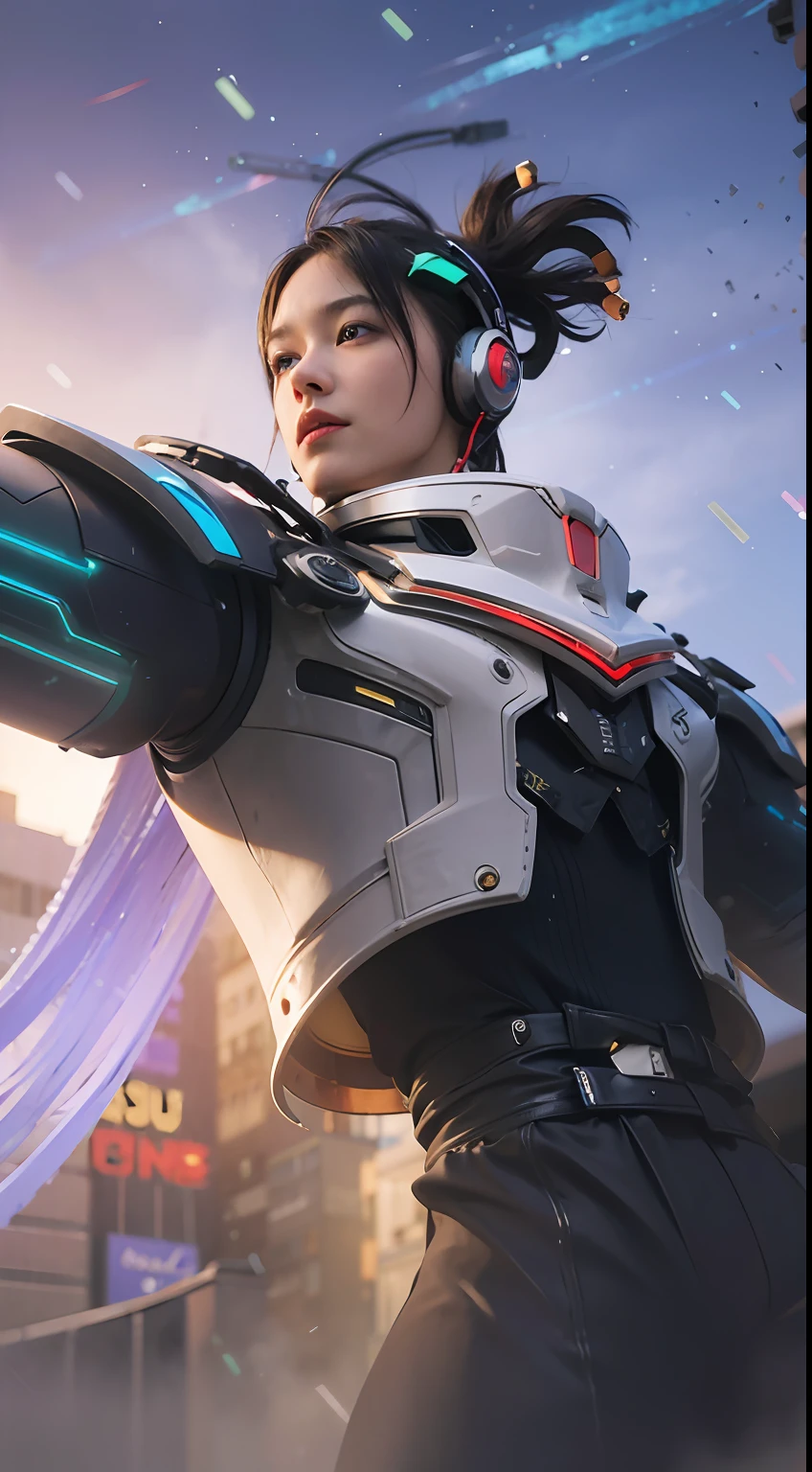 (8k, best quality, masterpiece:1.2), (realistic, photo-realistic:1.37), ultra-detailed,
A detailed portrait of 1 mechanical boy, realistic mouth, realistic eyes, detail face, pale skin, wearing a robot costume, black cable hair, his hands light up, use headphones. The scene is illuminated with professional lighting, photon mapping, and radiosity, with Tetsuya Nomura Style and a cyber-futuristic feel. Urban background with blur or bokeh effect, neon details, realistic light, glowing hands.
