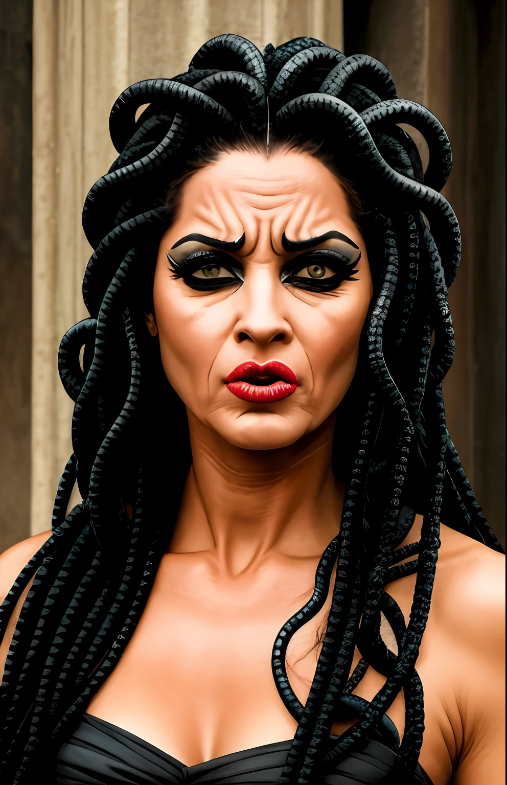 ((melhor qualidade)), ((obra-prima)), (detalhado), olhos realistas, medusa, Um olhar macabro, snake-haired woman comas snakes with tongue out and stone eyes and sad countenance