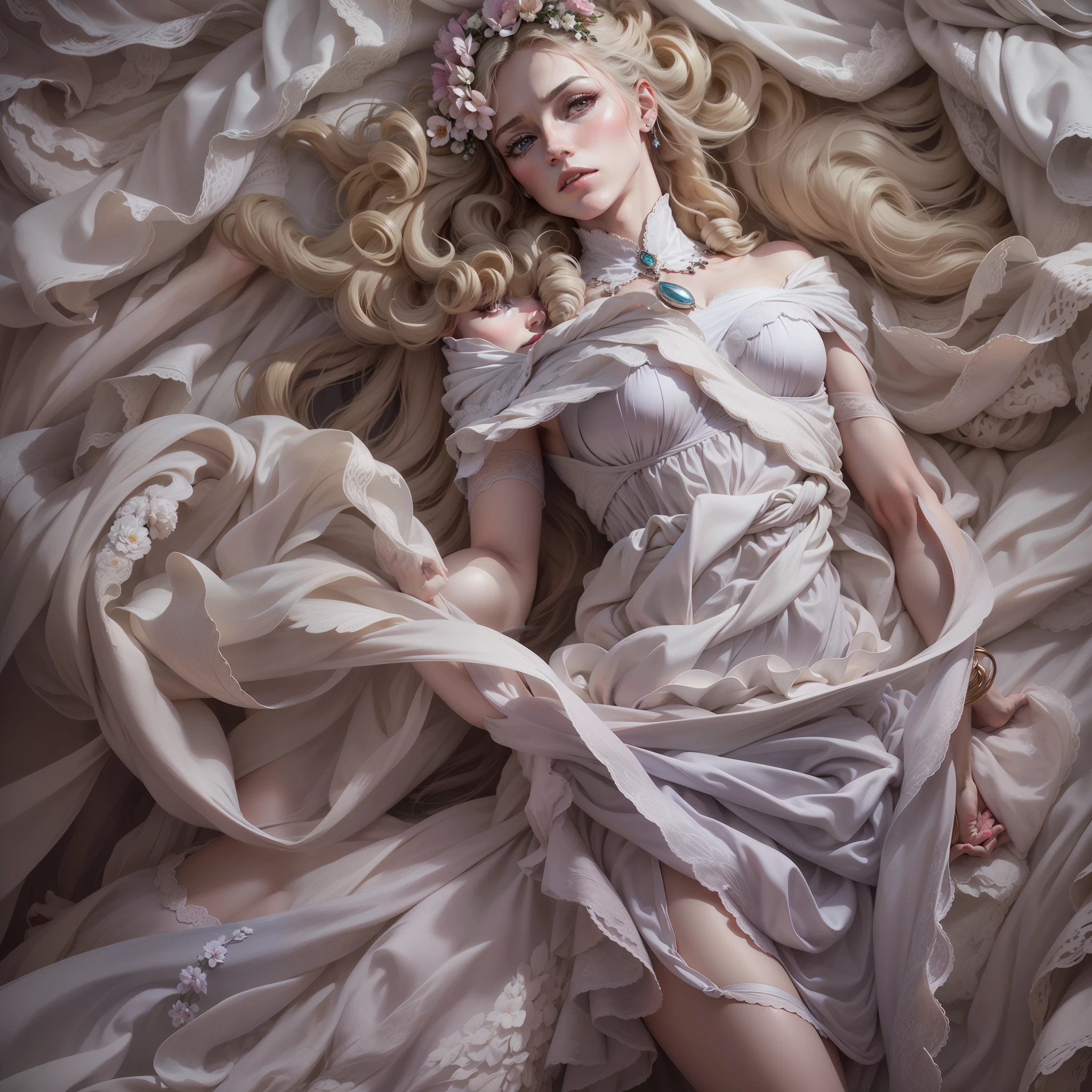 Masterpiece, Dress, hiquality, The Muse of Art, surrounded by twisted fabric, (Fabric Detail:1.2), (intricate folds of fabric:1.2), Photographers: Peter Lindbergh and Dave LaChapelle, macro shot, Sony A9 II, F2.0, ISO 100, Dynamic composition, serene expression, Primary energy, Elementary beauty, High Resolution, UHD, HDR, Фотосессия Vogue, Laocoon, Glare of the iris