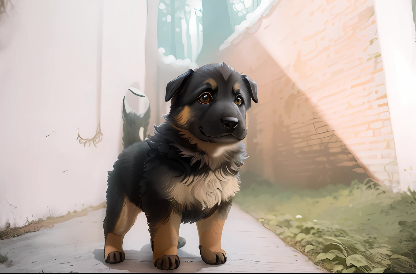 newborn German shepherd puppy, in a dark forest, in the fantastic style, darkness, afraid, illustration, in the style of Gerald Brom