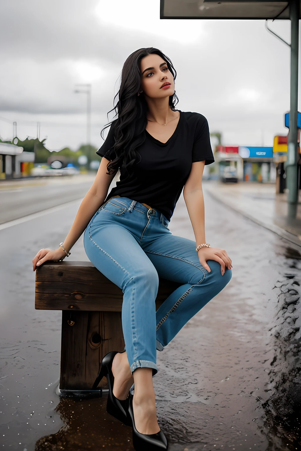 ((Best Quality, 8k, Masterpiece:1.3)), Focus: 1.2, Perfect Body Beauty: 1.4, Arabian 27 years old woman: 1.2, ((Black short curly Hair)), Round neck regular fit basic tee-shirt:1.1), no print on Teeshirt, basic full body length regular fitting tee-shirt, Blue skin fit jeans, long skinny jeans: 1.1, short sleeves black regular tee-shirt, Highly detailed face and skin texture, Detailed eyes, Double eyelids, toned body, Whitened skin, serious mood, large toned breasts, toned firm legs, high heel's, whitened skin, detailed black eyes, black wavy hairstyle, detailed face, middle eastern woman, baggy medium size basic tee-shirt, simple plain Baggy Tee-shirt, toned firm hips, 8K UHD, Silver anklet, model looks, apocalypse city, highway, rainy weather, dark clouds, silver wrist watch, Silver bracelet, Silver bangle's, open legs style Posing, old gas station, sitting on a old wooden chair, Red high heels, detailed beautiful feets, detailed feets fingers and shape, old petrol pump, rainy atmosphere, wet roads, model shoot style, she's sitting front of heavy bike, old wooden chair, blue cloudy sky, raining, old gas station, wooden bench