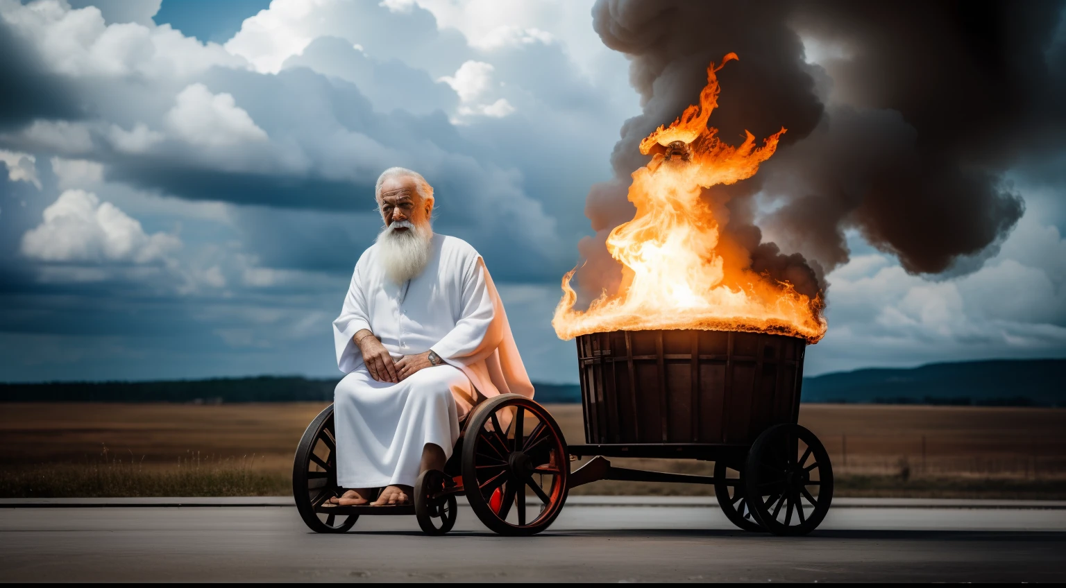 old man sitting on a throne of flame with wheels of fire, in the background clouds and under his feet too, dressed in white, hair like white wool