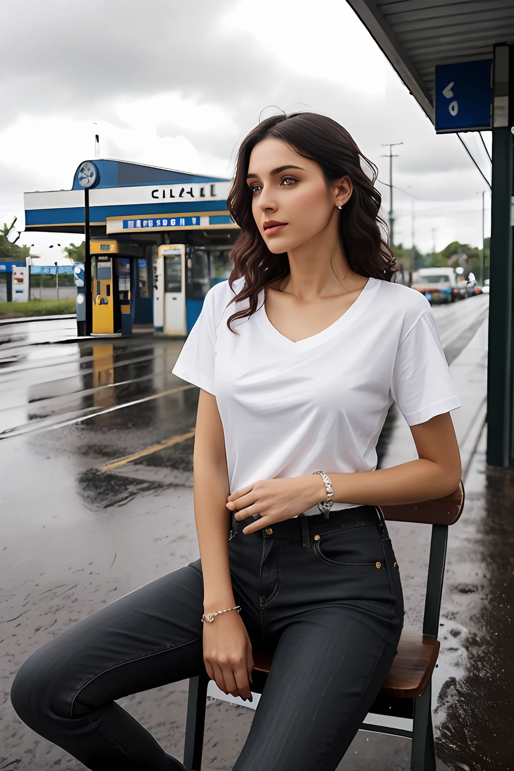 ((Best Quality, 8k, Masterpiece:1.3)), Focus: 1.2, Perfect Body Beauty: 1.4, Arabian 27 years old woman: 1.2, ((Black short curly Hair)), Round neck regular fit basic tee-shirt:1.1), no print on Teeshirt, basic full body length regular fitting tee-shirt, Blue skin fit jeans, long skinny jeans: 1.1, short sleeves black regular tee-shirt, Highly detailed face and skin texture, Detailed eyes, Double eyelids, toned body, Whitened skin, serious mood, large toned breasts, toned firm legs, high heel's, whitened skin, detailed black eyes, black wavy hairstyle, detailed face, middle eastern woman, baggy medium size basic tee-shirt, simple plain Baggy Tee-shirt, toned firm hips, 8K UHD, Silver anklet, model looks, apocalypse city, highway, rainy weather, dark clouds, silver wrist watch, Silver bracelet, Silver bangle's, open legs style Posing, old gas station, sitting on a old wooden chair, Red high heels, detailed beautiful feets, detailed feets fingers and shape, old petrol pump, rainy atmosphere, wet roads, model shoot style, she's sitting front of heavy bike, old wooden chair, blue cloudy sky, raining, old gas station, wooden bench