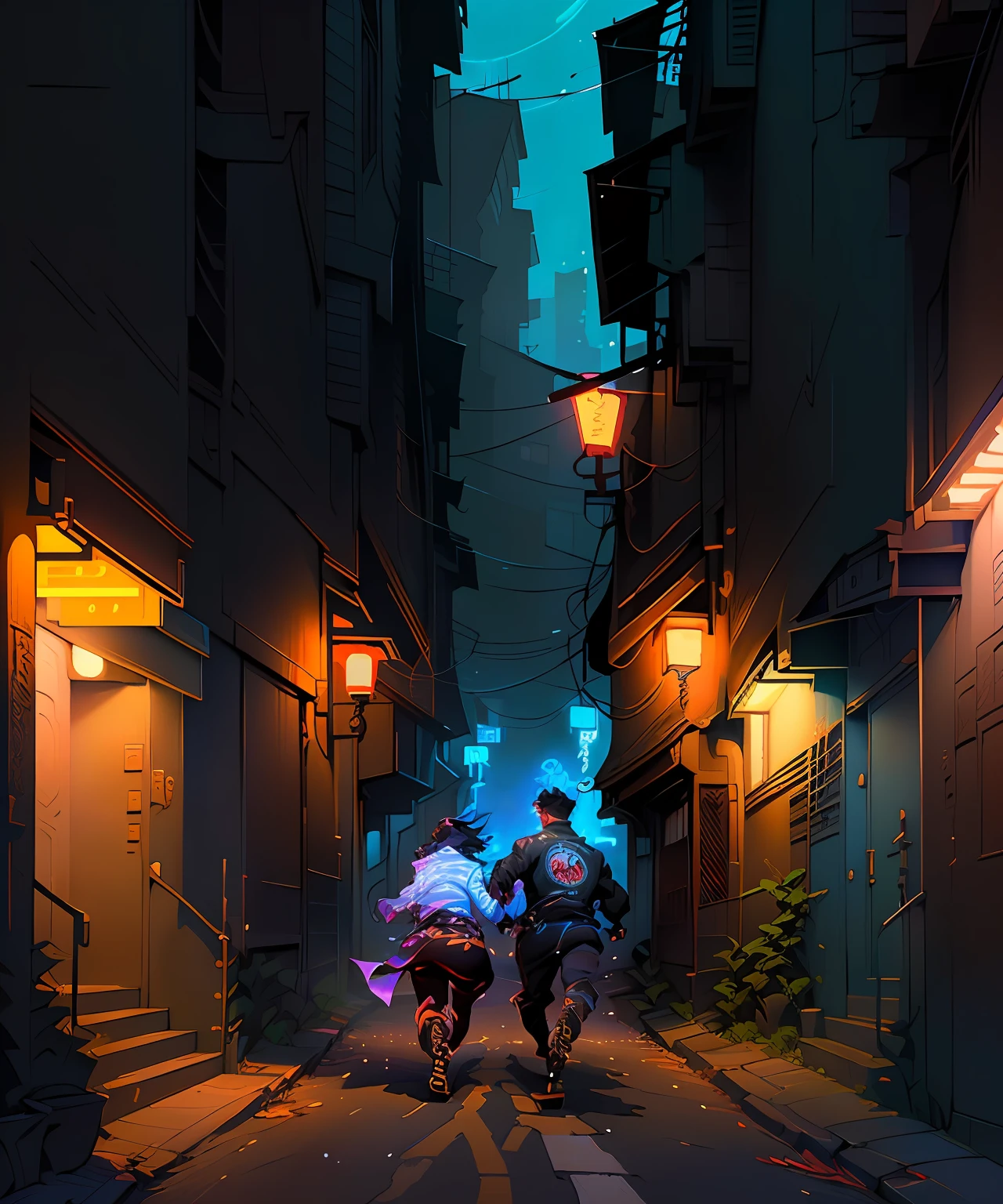Anime style illustration of a man and a demon running in a city, Artgerm e Atey Ghailan, Android Jones e RHADS, Rhats e Lois van Baarle, Cyril Rolando e Goro Fujita, hero pose colorful city lighting, epic digital art illustration, epic full color illustration, 2. 5 d cgi anime fantasia arte, arte chave