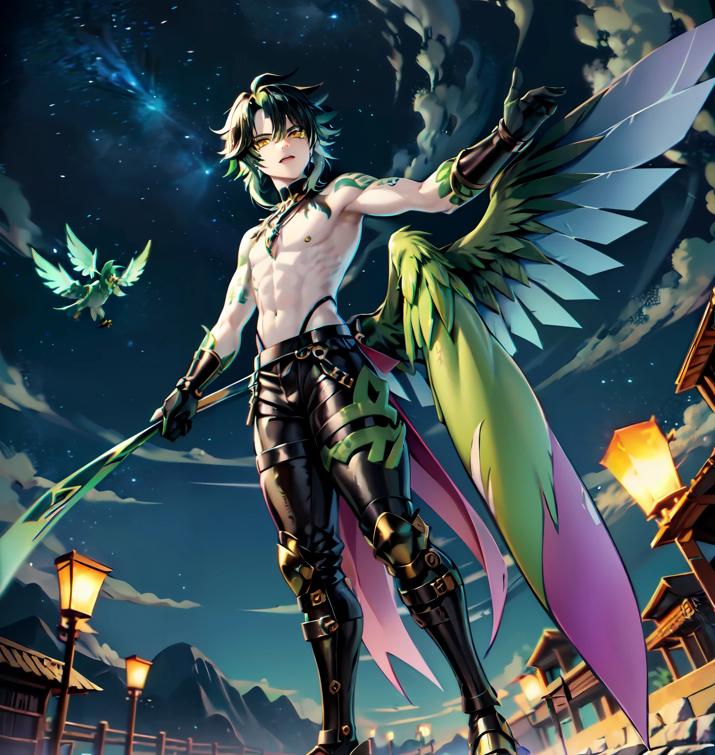 yellow eyes, green hair, short hair, tattoo, forehead tattoo, necklace, 1boy, solo focus, male focus, black within green hair, xiao \(genshin impact\) as a Digimon, digimon \(creature\),((Green and White skin)) ,((Bird like)) ,(( Demon like)),((green, white, Black and Purple color scheme)), ((high quality )) ,((Masterpiece)), ((Harpy))