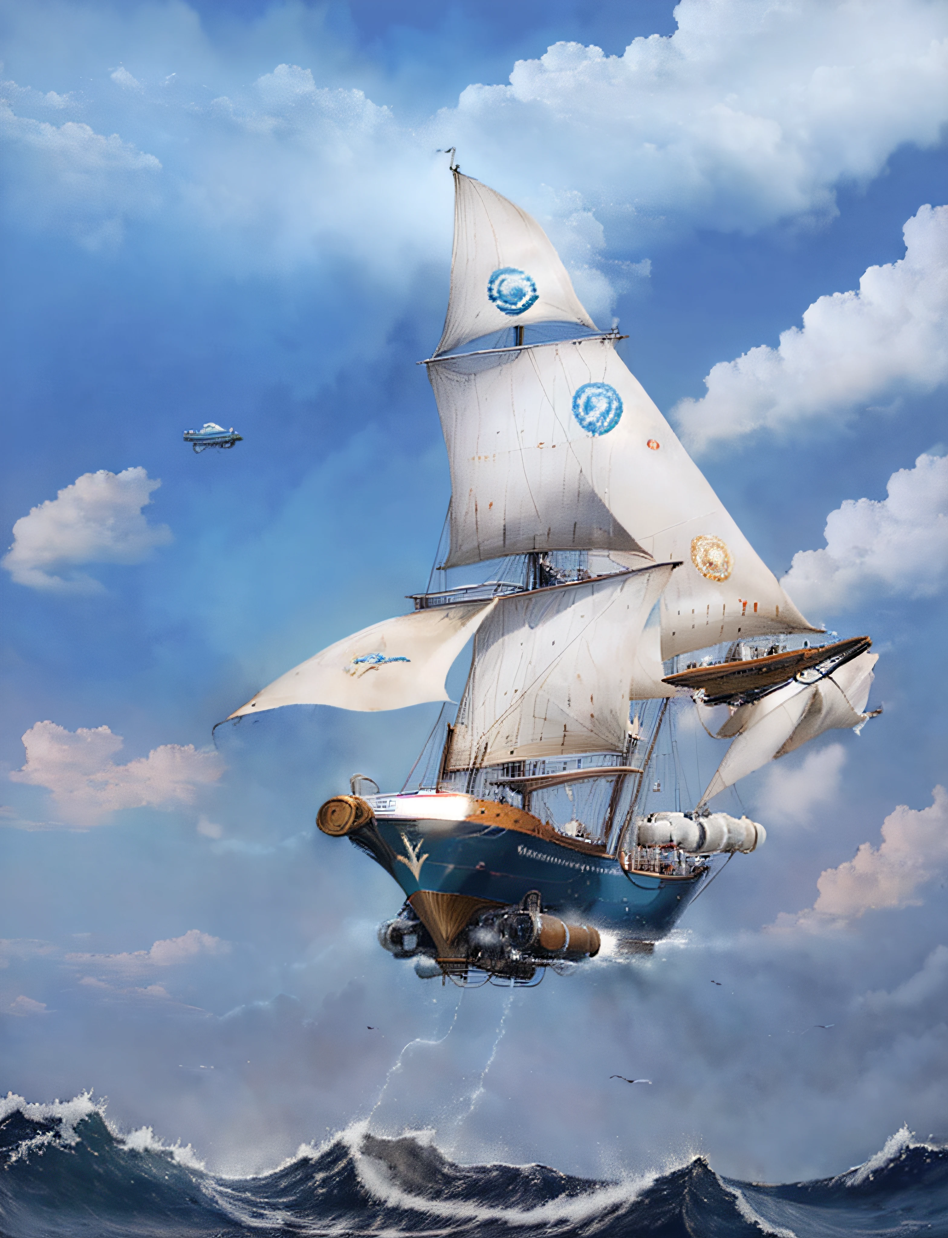 Super barco de vela futurista volando entre las nubes rodeado de gaviotas y super tiburones nadando en un mar embravecido con enormes olas amenazantes chocando contra acantilados de islas volcanicas