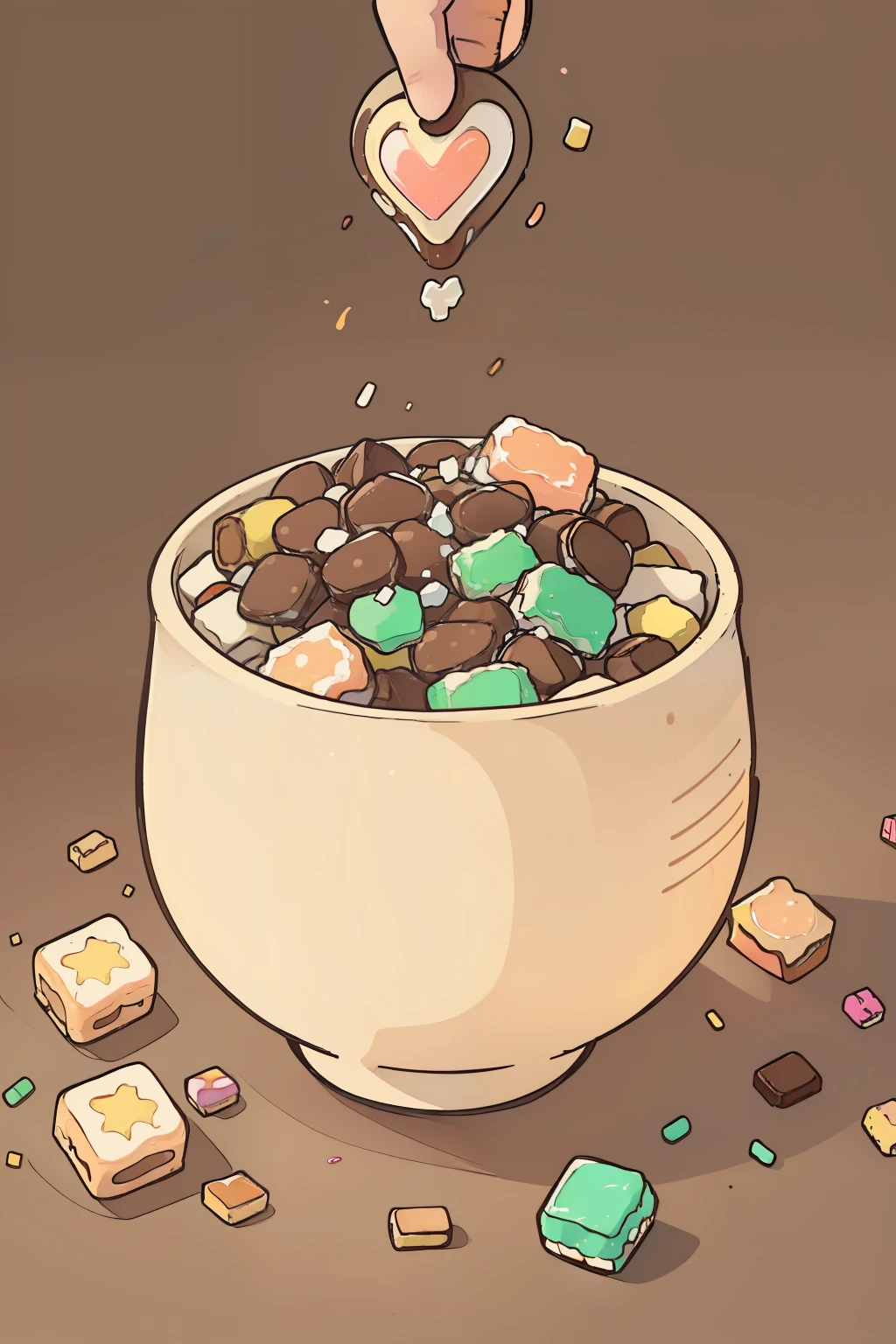 there is a bowl filled with candy, (((light-brown background))), (((sugar crums))), candy, (((light-brown background))), (((sugar crums))), highly detailed illustration.”, drawn in the style of mark arian, digital illustration, cgsociety, candy on table, (((sugar crums))), sugar, background art, (((sugar crums))), (((light-brown background))), commercial illustration, (((sugar crums))), (((light-brown background)))