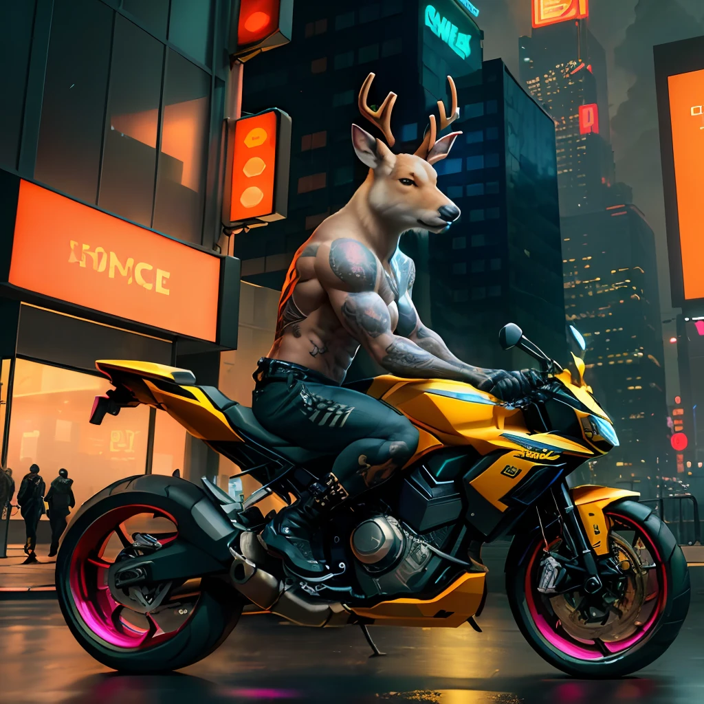 ((best quality)),((ultradetailed)), ((masterpiece)), illustration, Scene structure: Animal-personified Deer as a gangster, with a Deer face and human body. He has a muscular build and tattoos on his body. He rides a motorcycle in the city, with tall buildings behind him and neon lights flashing. Prompt composition: deer-gangster, animal-personification, motorcycle-riding, tattooed-body, muscular-build, city-scape, tall-buildings, neon-lightsSubstance 3D, Octane rendering,(hdr:1.3)