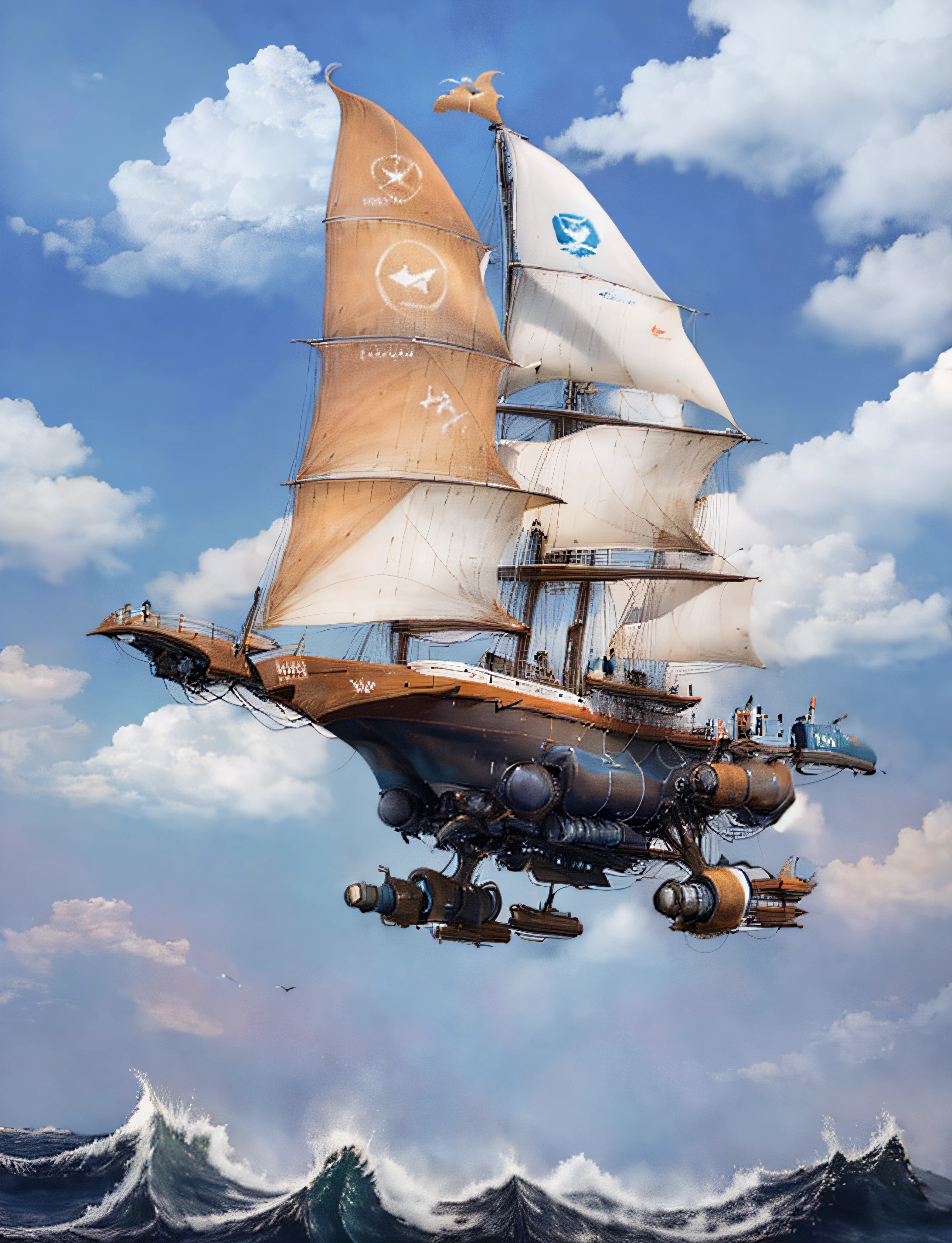Super barco de vela futurista volando entre las nubes rodeado de gaviotas y super tiburones nadando en un mar embravecido con enormes olas amenazantes chocando contra acantilados de islas volcanicas