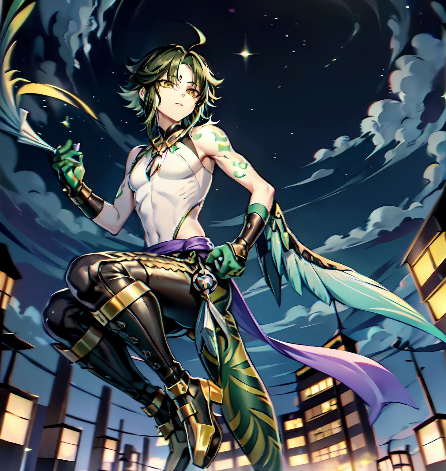 yellow eyes, green hair, short hair, tattoo, forehead tattoo, necklace, 1boy, solo focus, male focus, black within green hair, xiao \(genshin impact\) as a Digimon, digimon \(creature\),((Green and White skin)) ,((Bird like)) ,(( Demon like)),((green, white, Black and Purple color scheme)), ((high quality )) ,((Masterpiece)), ((Harpy))