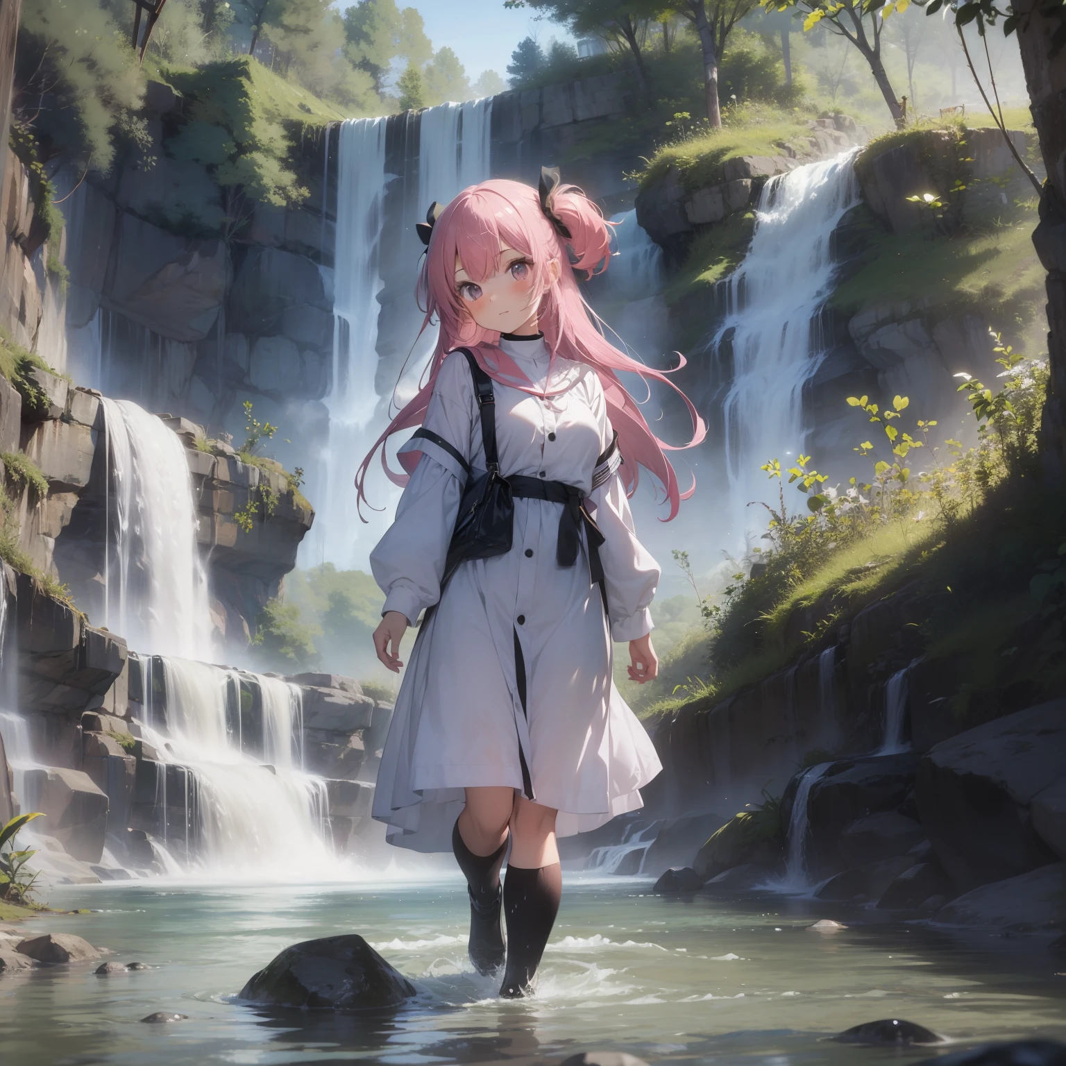 masterpiece、Girl going to the waterfall right under a big waterfall、Pink hair color、Negative ions、Healing effect、splash water、Full of water underfoot、a cassock、