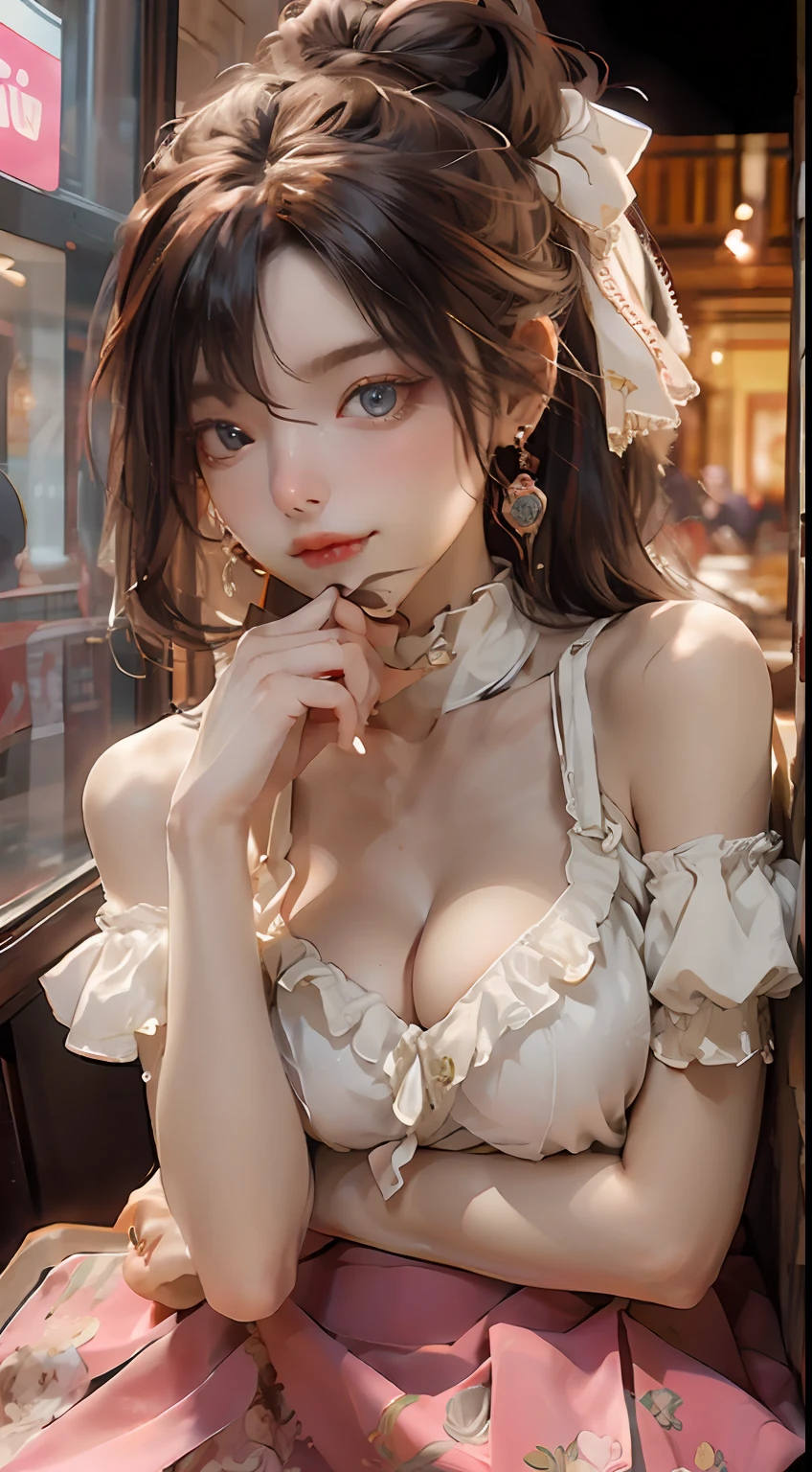 eating happily, eating dinner in a restaurant outside night time, pasta on table, black color pants, white color top, head and full body, Extremely cute human eighteen year old girl, bare legs, very beautiful and feminine, short, petite, beautiful breast, small, busty buttocks, large bust, large breast, bare legs, bare legs, cleavage display, split skirt, flat belly display, detailed eyes, detailed nose, super detailed on face, partial accessory with earring on the ear, very stylish, award-winning product design, tights, split skirt, bare legs, Shiny breast top opens at the cleavage and abdomen, stylish, glowing trims, atmospheric perspective, 8k, super detail, Accurate, best quality,