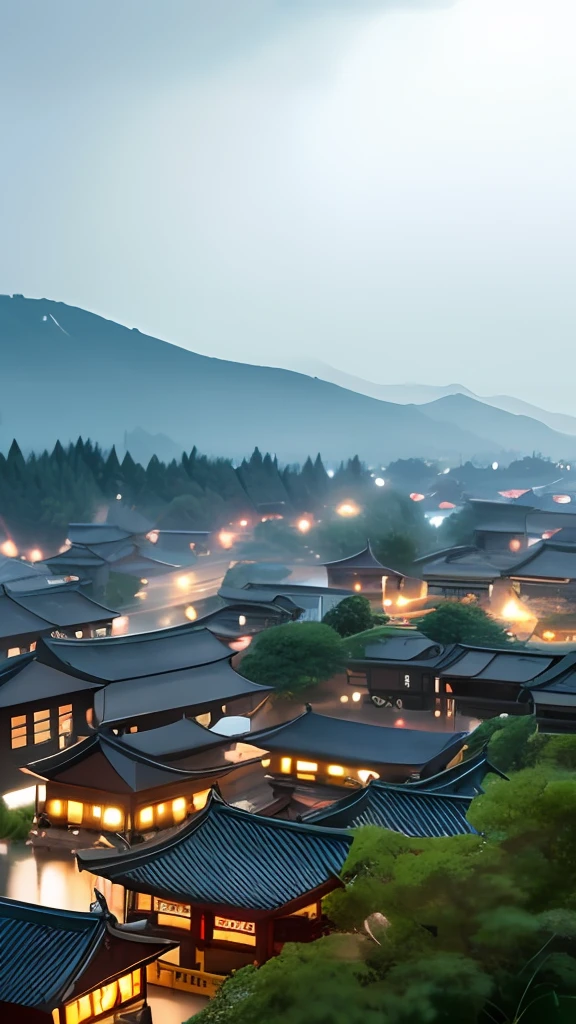 arafed view of a village with a lot of lights on the buildings, dreamy chinese town, chinese village, amazing wallpaper, japanese town, japanese village, hyper realistic photo of a town, old asian village, japanese city, by Raymond Han, rainy evening, cyberpunk chinese ancient castle, beautifully lit buildings, at evening during rain, beautiful and aesthetic, photography, cinematic, 8k, high detailed ((Heavy rain))) --auto
