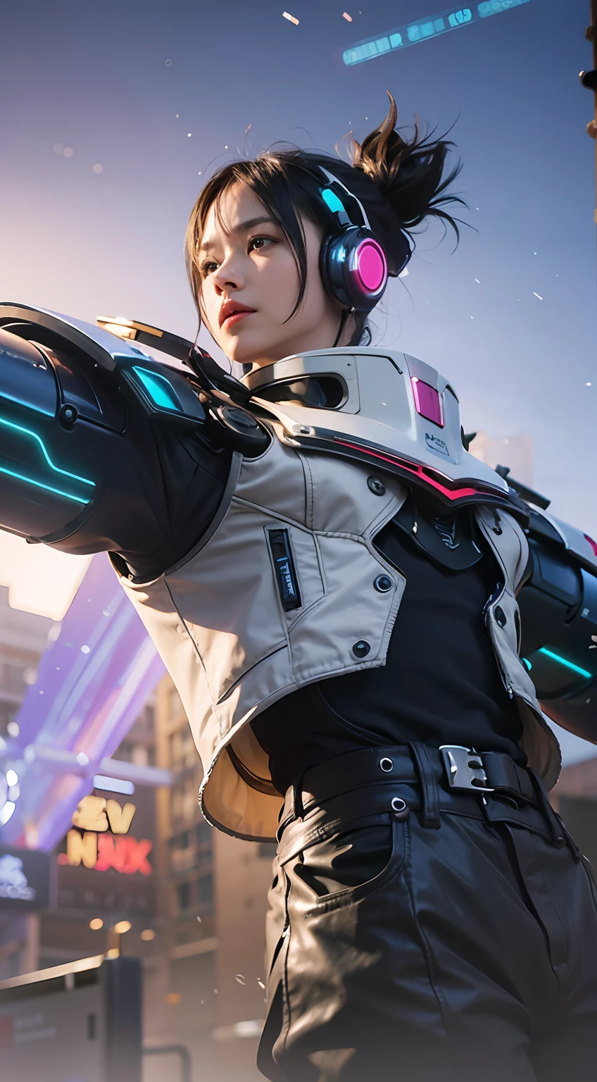 (8k, best quality, masterpiece:1.2), (realistic, photo-realistic:1.37), ultra-detailed,
A detailed portrait of 1 mechanical boy, realistic mouth, realistic eyes, detail face, pale skin, wearing a robot costume, black cable hair, his hands light up, use headphones. The scene is illuminated with professional lighting, photon mapping, and radiosity, with Tetsuya Nomura Style and a cyber-futuristic feel. Urban background with blur or bokeh effect, neon details, realistic light, glowing hands.
