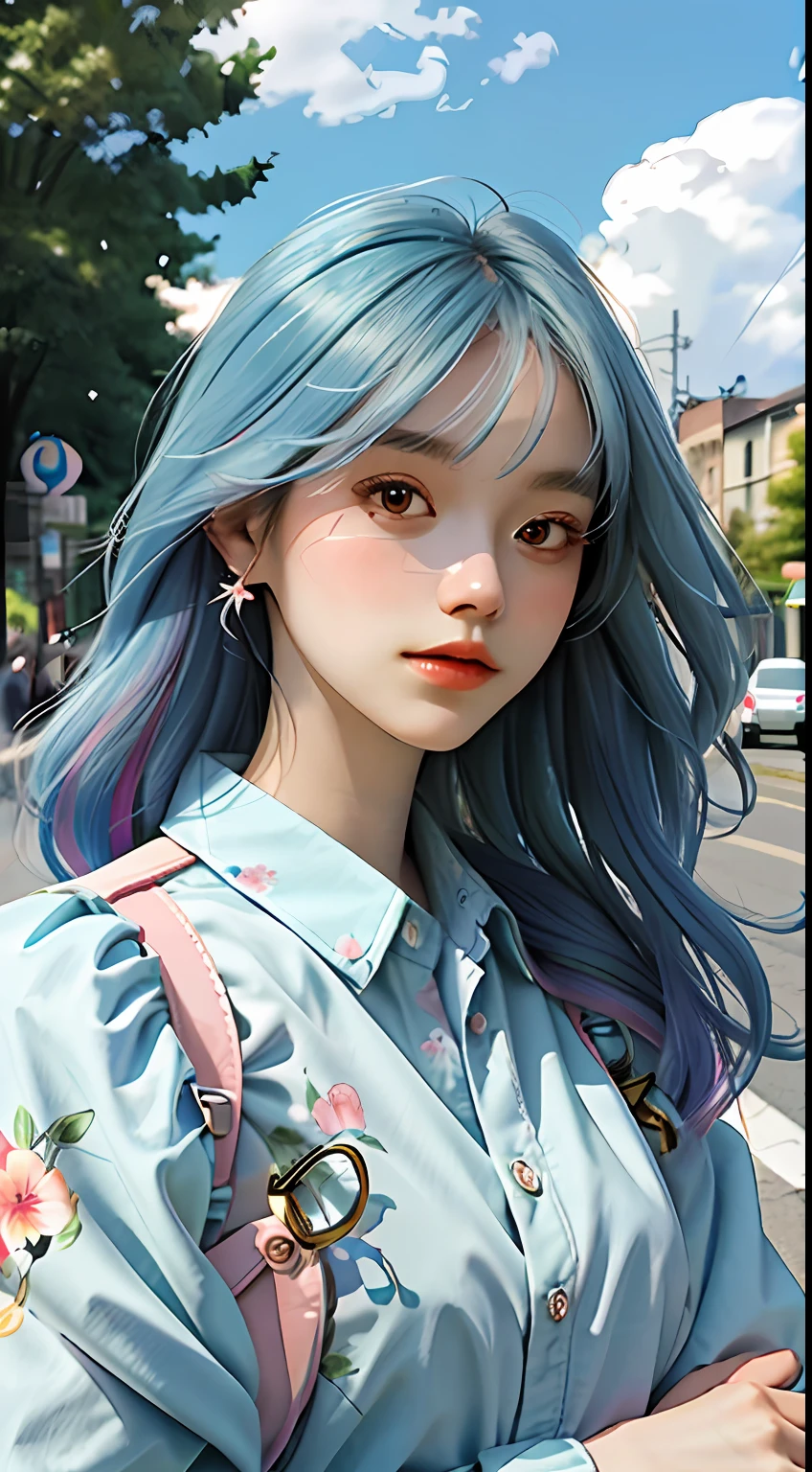 masterpiece, best quality, spring outfit, colorful hair, outdoor,cloud ,upper body,