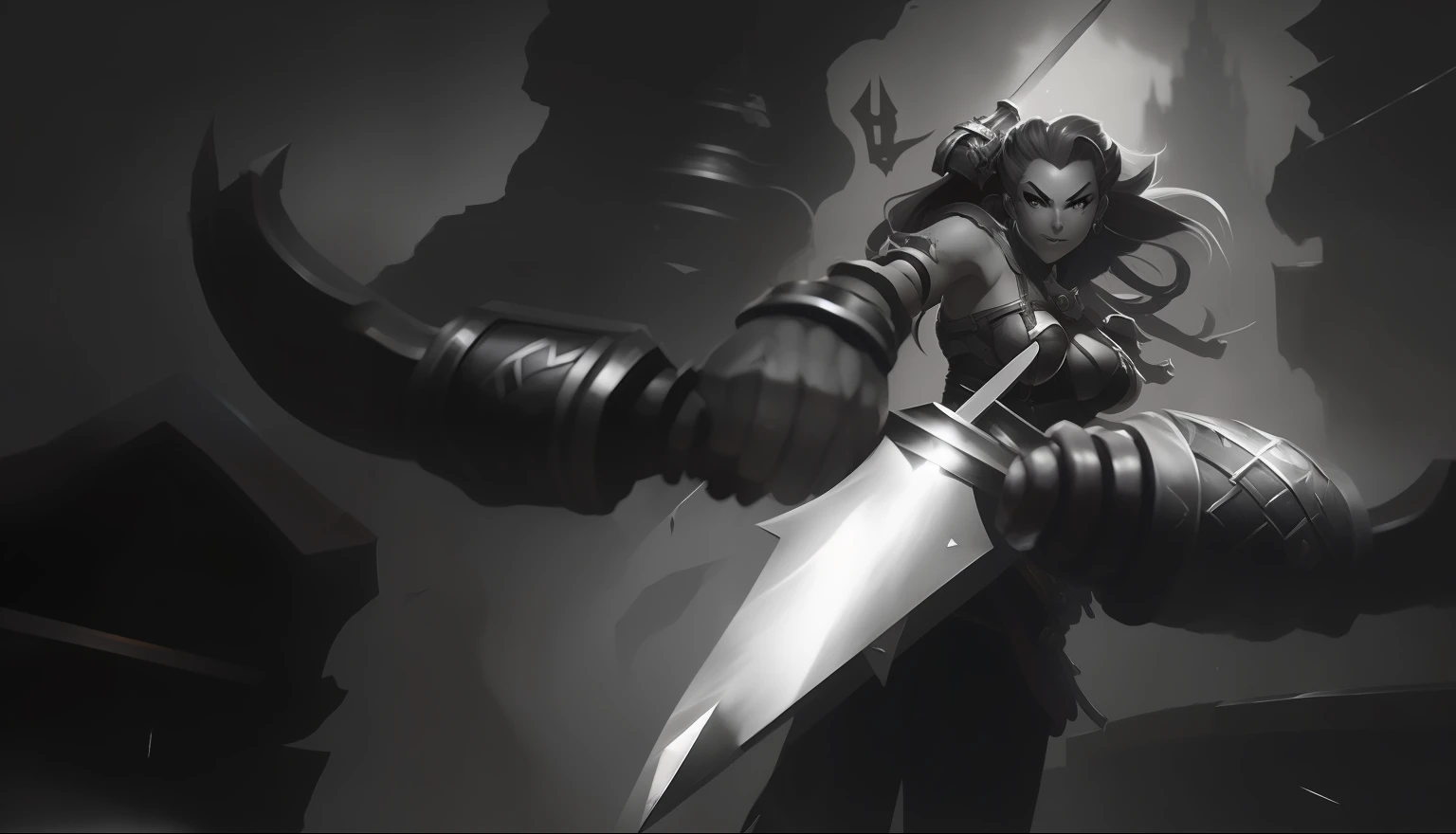 a black and white photo of a woman with a sword, iconic character splash art, character splash art, dark high-contrast concept art, concept piece, brigitte, splash art, samira from league of legends, torchlight. sketch, she is holding a sword, concept illustration, taliyah, league of legends style art, full art illustration, illustration concept art