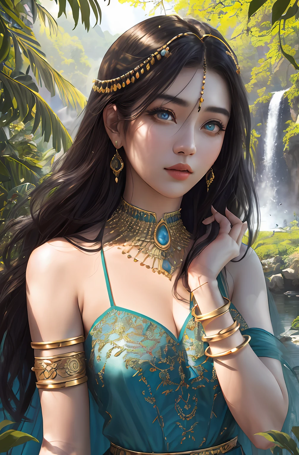 ((Realistic:1.5)),Ulzzang-6500：0.7，((Best quality)), ((Masterpiece)),((Detailed)),2girls,duo,{2 beautiful women}, (Upper body:1.3),Hug and touch each other, Tease your friend's waist, Breathless friends, Biting a friend's earlobe, crouched,super wide shot,Face focus, Long legs,Curvy, Barefoot,Wide hips, Thin legs, Oversized eyes,Long eyelashes, (Detailed face,beautidful eyes, detailedpupils,detailed clothes features, Clear background:1.3), (armlets, bangle:1.3), Mysterious ancient ruins, floresta exuberante, Deep canyon,bridge,River,cliff,Cloud,lakes,Rock music,Waterfalls, Flowers, Grass,grape trees,tree,bright detail,Sharp,Perfect compounding, Intricate, Sharp focus, Dramatic,