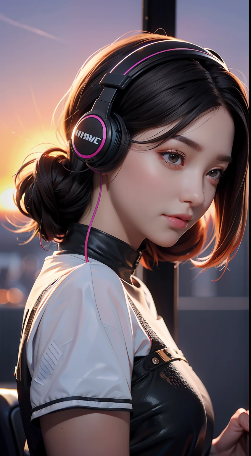 dvArchModern, 85mm, f1.8, portrait, photographrealistic, Hyper-realistic, orante, ultra-detailliert, iintricate, dramatics, Sunset lighting, shadowing, HighDynamicRange，A female DJ，Headsets