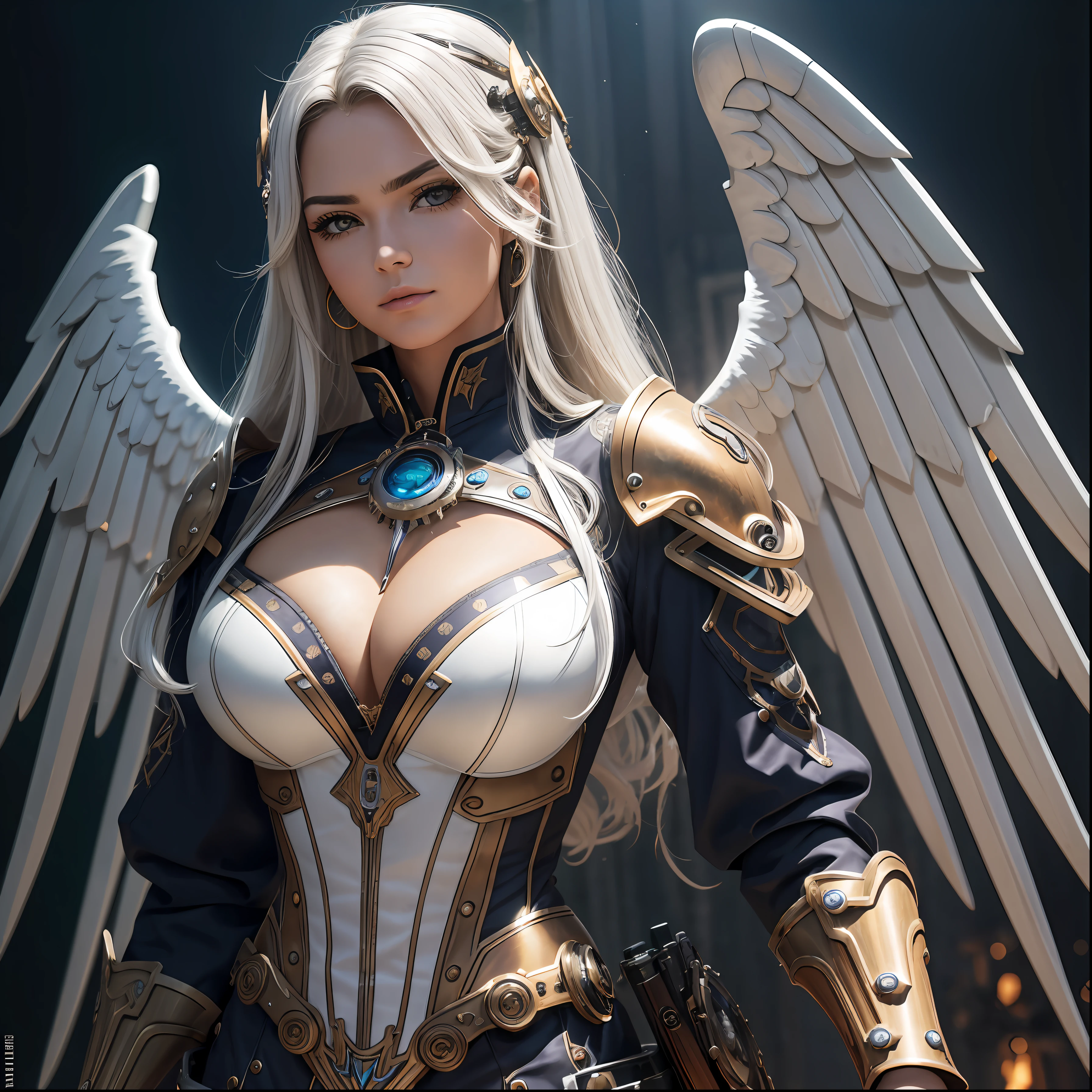 cabelos brancos、Longas, flowing hair、Brisa forte、um olho roxo、Olhos Radiante、Mechanical Angel、grandes asas de metal、Circle of Shining Angels、 Steampunk、Seios colossais、The face and chest are alive、cleavage is visible。fotoRealista、Portfolio、White latex suit、Corpo de porcelana branca、Terno Steampunk Metal Mecha、Ciborgue de combate、Sumerian details、metalic、Detailed mechanical components、feixe de tubos finos、cilindro de metal、neon detalhado、Abrir LED、fine parts、Cowboy baleado、luz de borda de caractere、