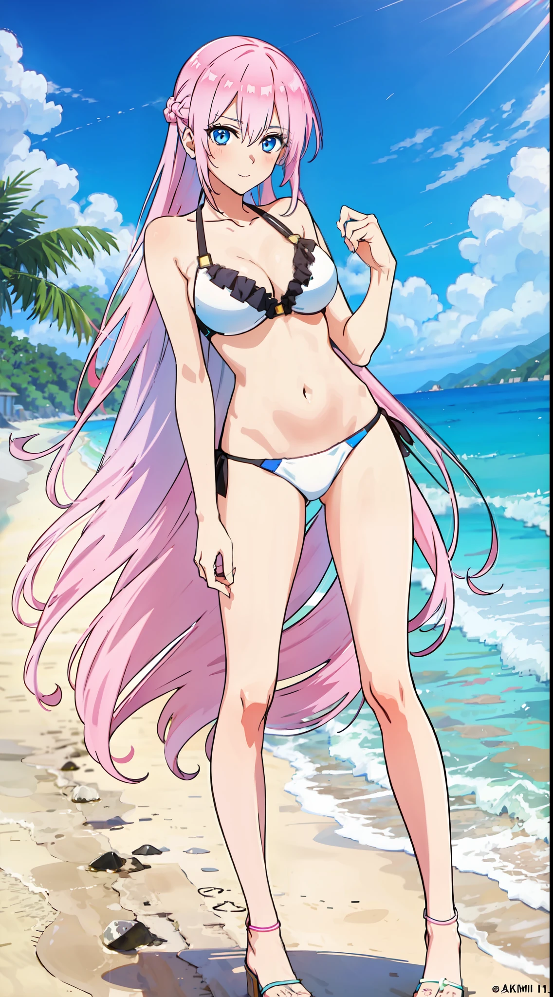 shikimori, slim legs,  beautiful eyes, blue eyes, nervous, pink hair, long hair, white side tie bikini, beach