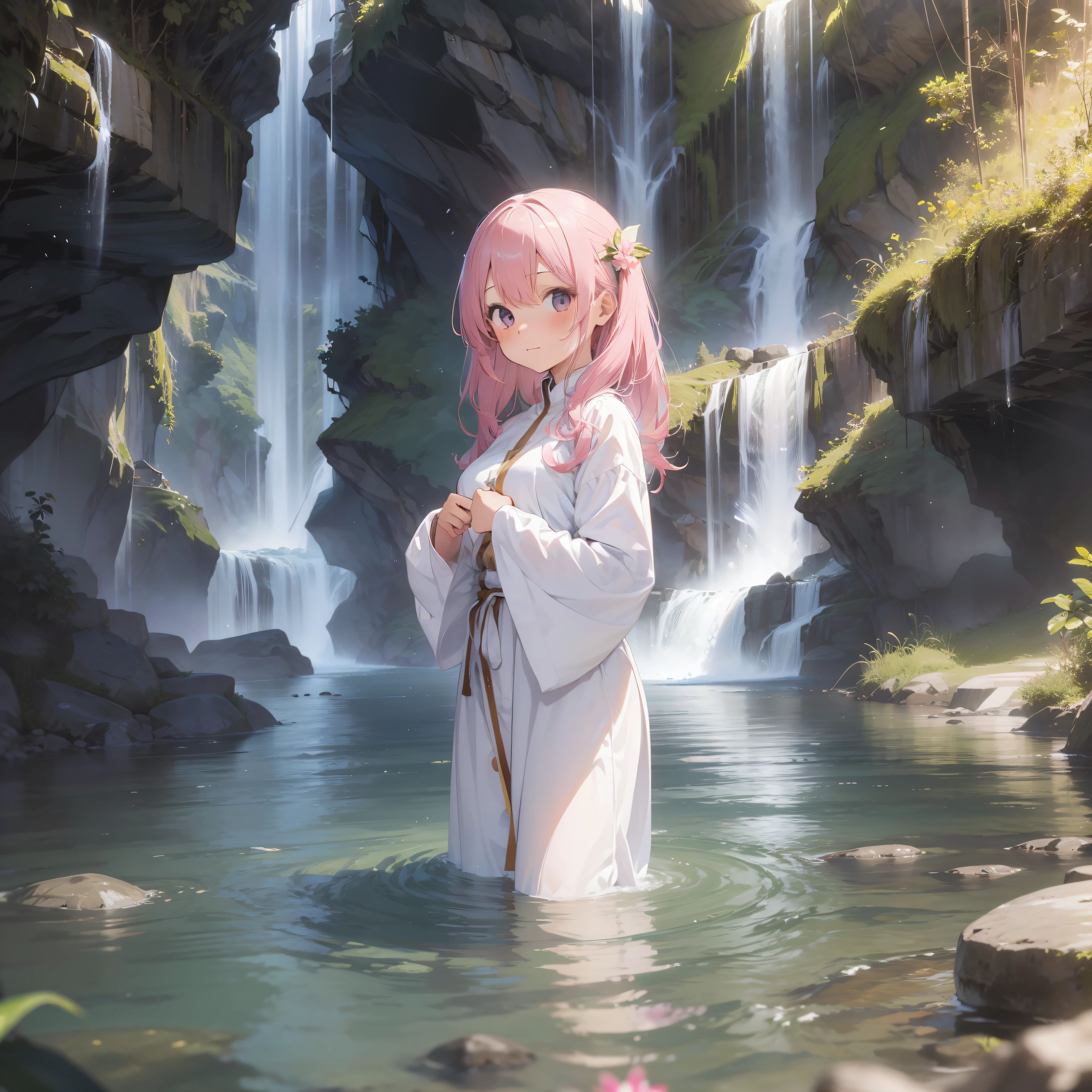 masterpiece、Girl going to the waterfall right under a big waterfall、Pink hair color、Negative ions、Healing effect、splash water、Full of water underfoot、a cassock、