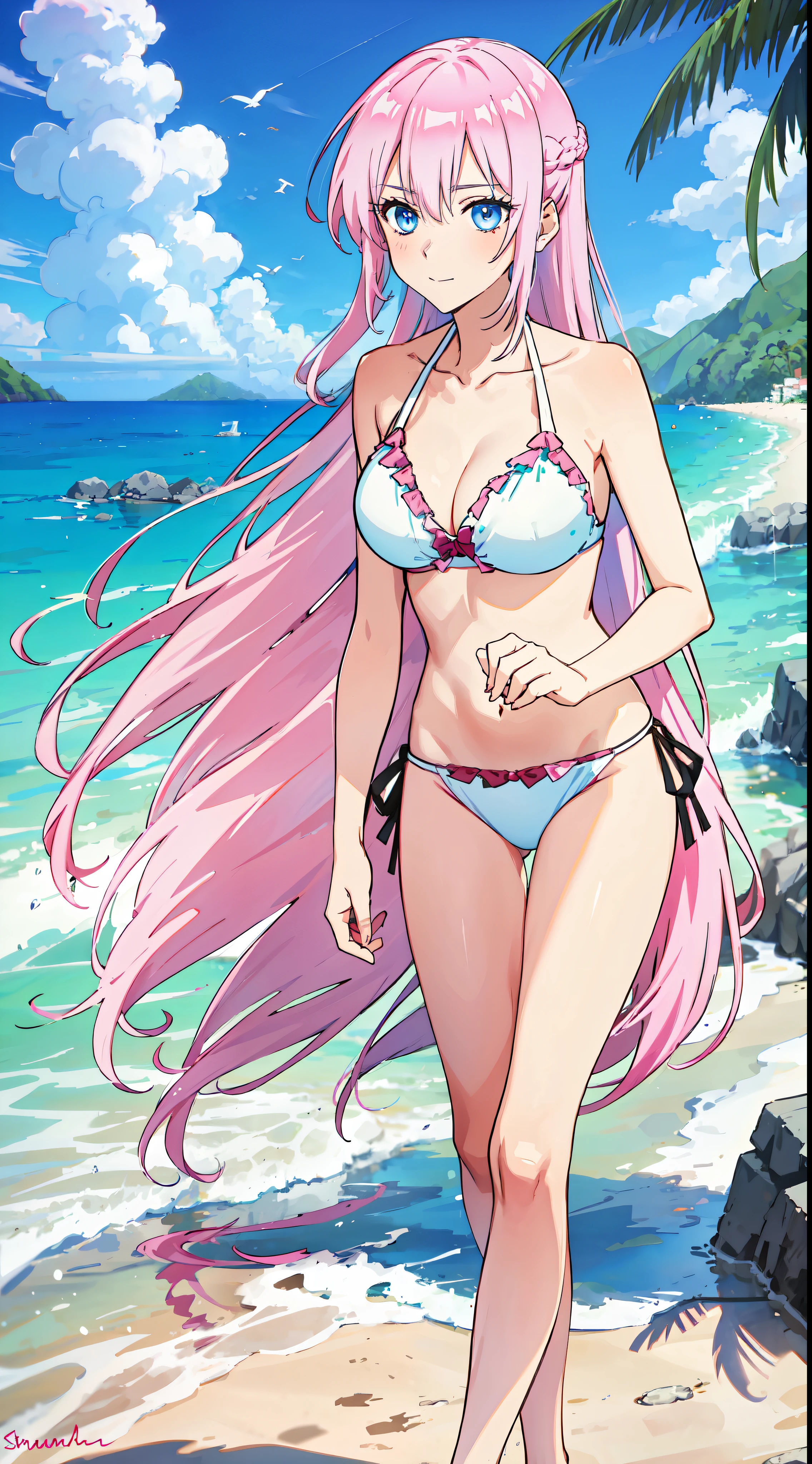 shikimori, slim legs,  beautiful eyes, blue eyes, nervous, pink hair, long hair, white side tie bikini, beach