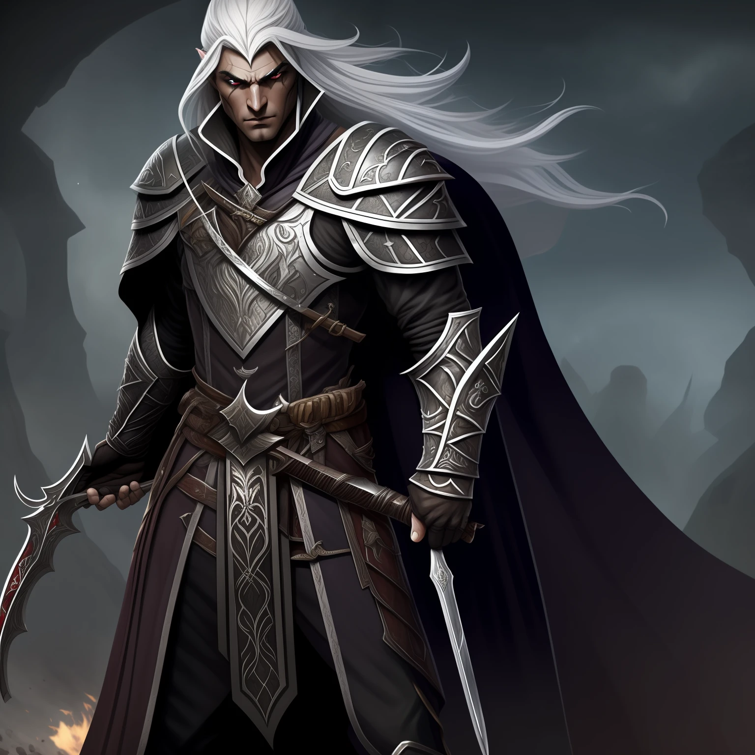 RPG character, Man, half-elf, paladin, long white hair,dark skinned , gray skin, black nails, bloodstained war clothes, two-handed sword, 1.90, similar to Knull, evil,similar to guts