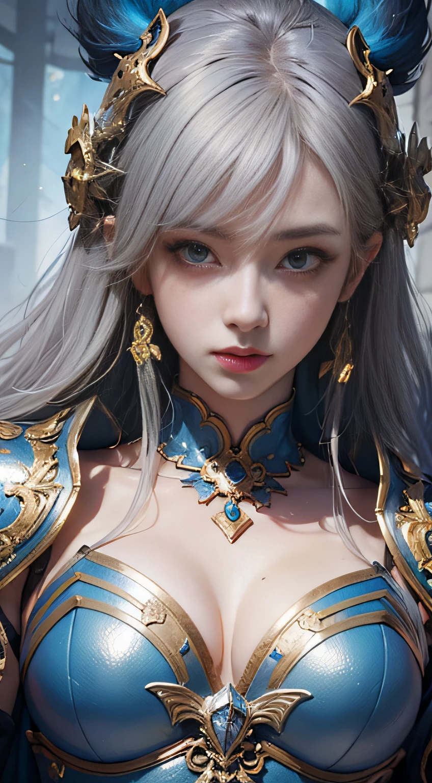 a close up of a woman in a silver and blue dress, chengwei pan on artstation, by Yang J, detailed fantasy art, stunning character art, fanart best artstation, epic exquisite character art, beautiful armor, extremely detailed artgerm, detailed digital anime art, artgerm on artstation pixiv, armor girl