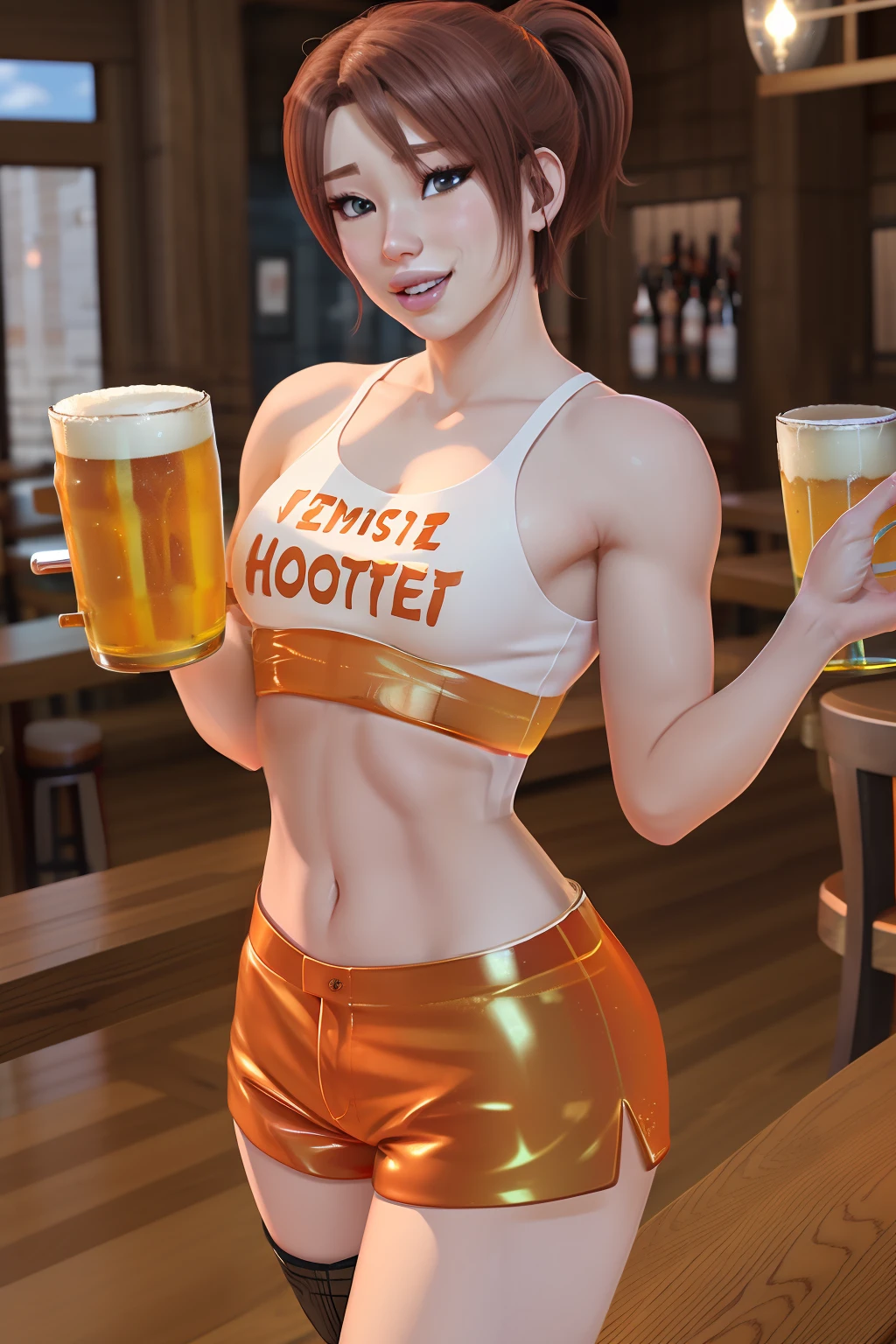 masterpiece, highres, best quality, ultra-detailed, perfect lighting, ((1boy)), dk_venti, blushing, smiling, half opened eyes, femboy hooters, short shorts, croptop, otoko no ko, detailed background, restaurant, ((holding a glass of beer))
