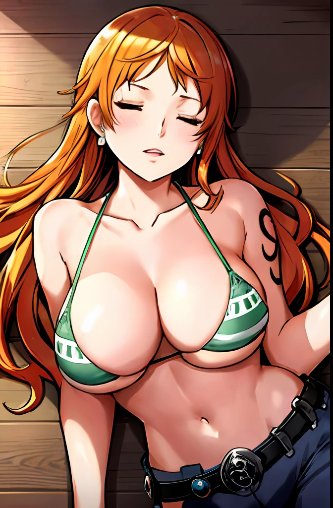 ship deck detailed background, top view shot, masterpiece, 4k, epic, best quality, late youth, adult, milf, athlete body, 1girl, ((wide open mouth, on deck, passed out, completely lying down, lying down on her back, knocked out, closed eyes, (both hands on the floor, face up, head turn left))) , solo, nami \(one piece\), 1girl, bangle, (bruises, injury, feeling hot, serious, hurt, glaring, closed eyes, looking up, perfect detailed face, round face) bold drawing lines, detailed bold arm lines, flat jaw, adult woman, wavy wide streaked bangs, floating bang, (big cheeks), bare shoulders, off-shoulders, belt, bikini, bikini top only, bracelet, springy breasts, breast lines, big round eyes, very big brown shiny eyes, bubbles, high eye position, cleavage, day, denim, earrings, floating hair, shiny hair, green belt, green bikini, bold groin lines, jeans, jewelry, ((medium breasts)), log pose, long hair, looking at viewer, long navel, wet hair, orange hair, pants, shoulder tattoo, sidelocks, sky, solo, stomach, swimsuit, tattoo, detailed arms, big forehead, hourglass figure, small head, toned body, wide hair, wind effect, sun effect, under the sun, narrow small ears angle, older