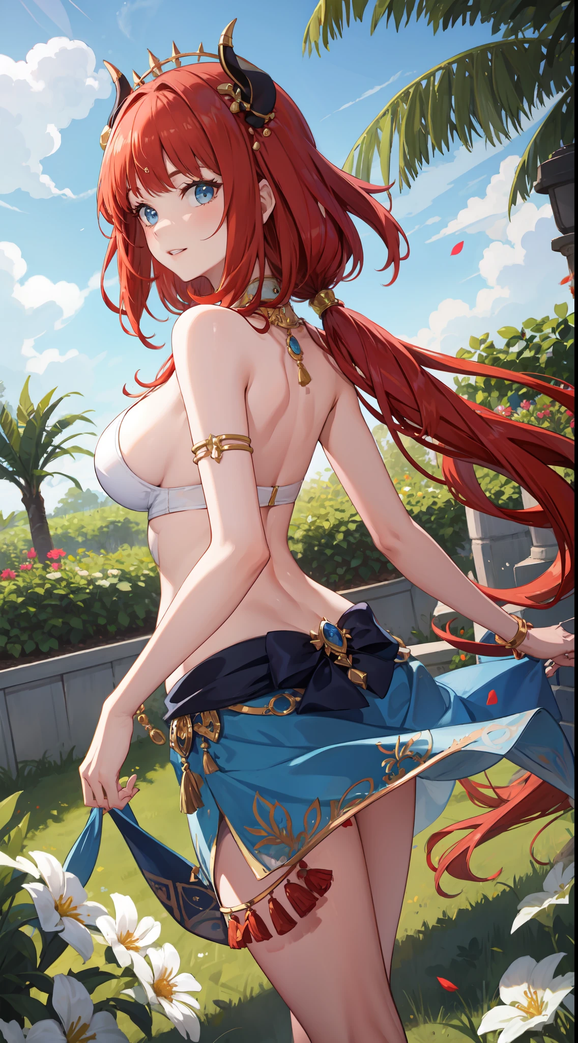 slim legs, blue eyes, nilou, red hair, long hair, mesmerising , medium breast, happy, navel, garden, cleavage, hanging breast, from behind