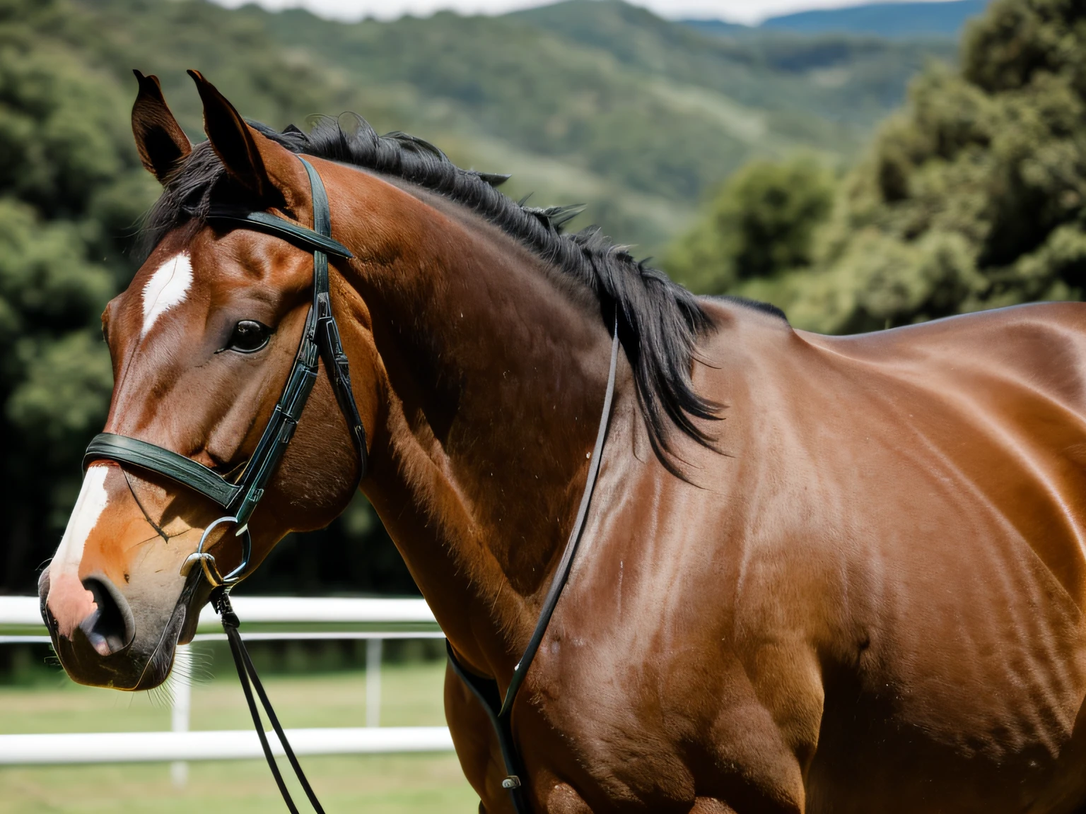 foto RAW, A photo of a brown full-bodied horse, sin correas ni cinchas. El caballo pasea por un verde prado8k UHD, alta calidad, Film grain, Fujifilm XT3