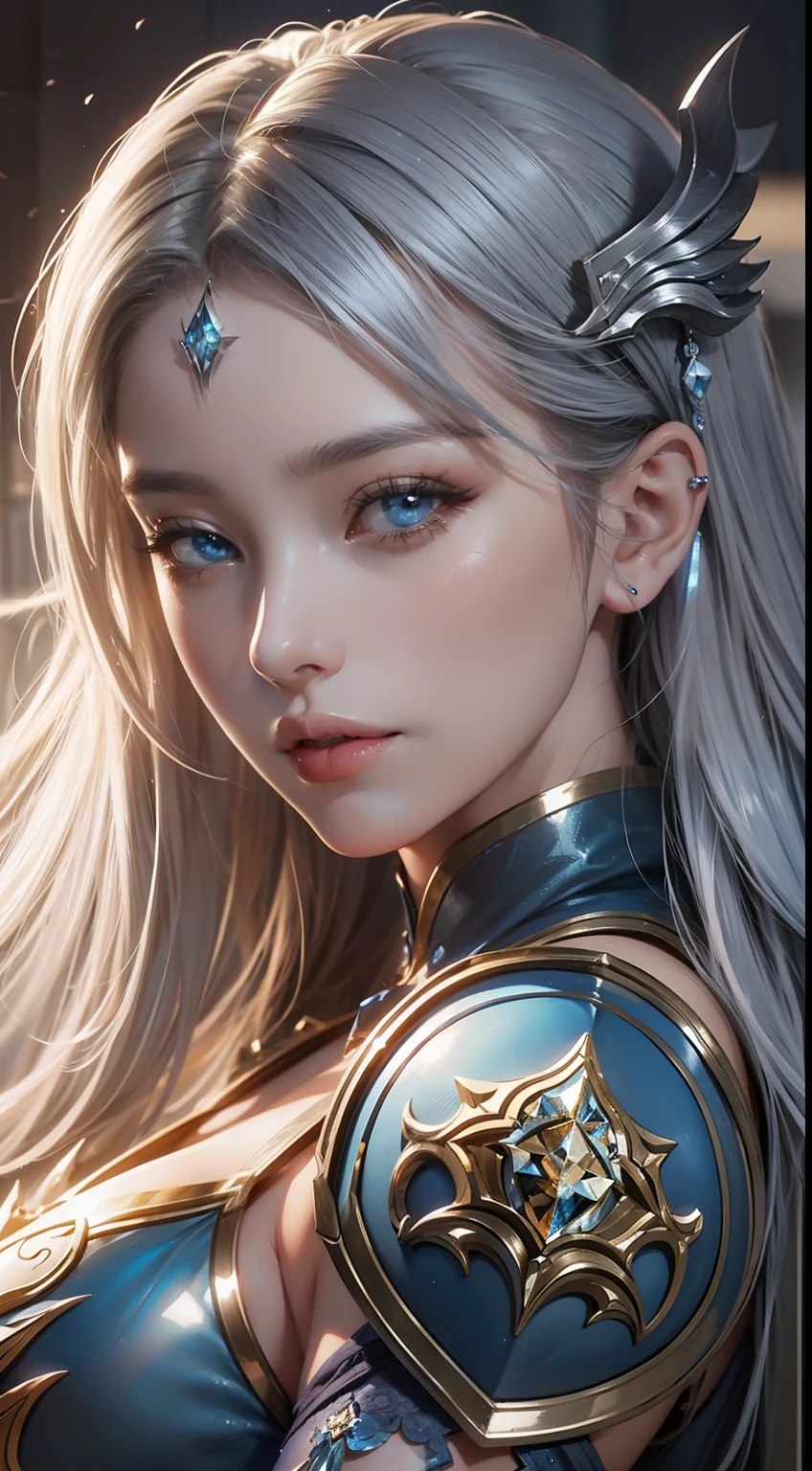 a close up of a woman in a silver and blue dress, chengwei pan on artstation, by Yang J, detailed fantasy art, stunning character art, fanart best artstation, epic exquisite character art, beautiful armor, extremely detailed artgerm, detailed digital anime art, artgerm on artstation pixiv, armor girl