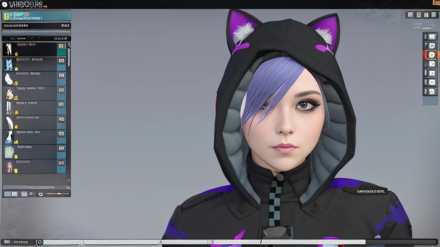 um close up de uma pessoa usando um capuz com uma orelha de gato, Avatar do Second Life, usando um capuz com orelhas pontudas, modelado em poser, com orelhas de gato, VRCabord, wearing cybernetic bunny ears, gatinha, menina com orelhas de gato, mulher com orelhas de gato, menina gato te, close up tiro de meio corpo, Roxo Transparente Sci - Capuz FiFi