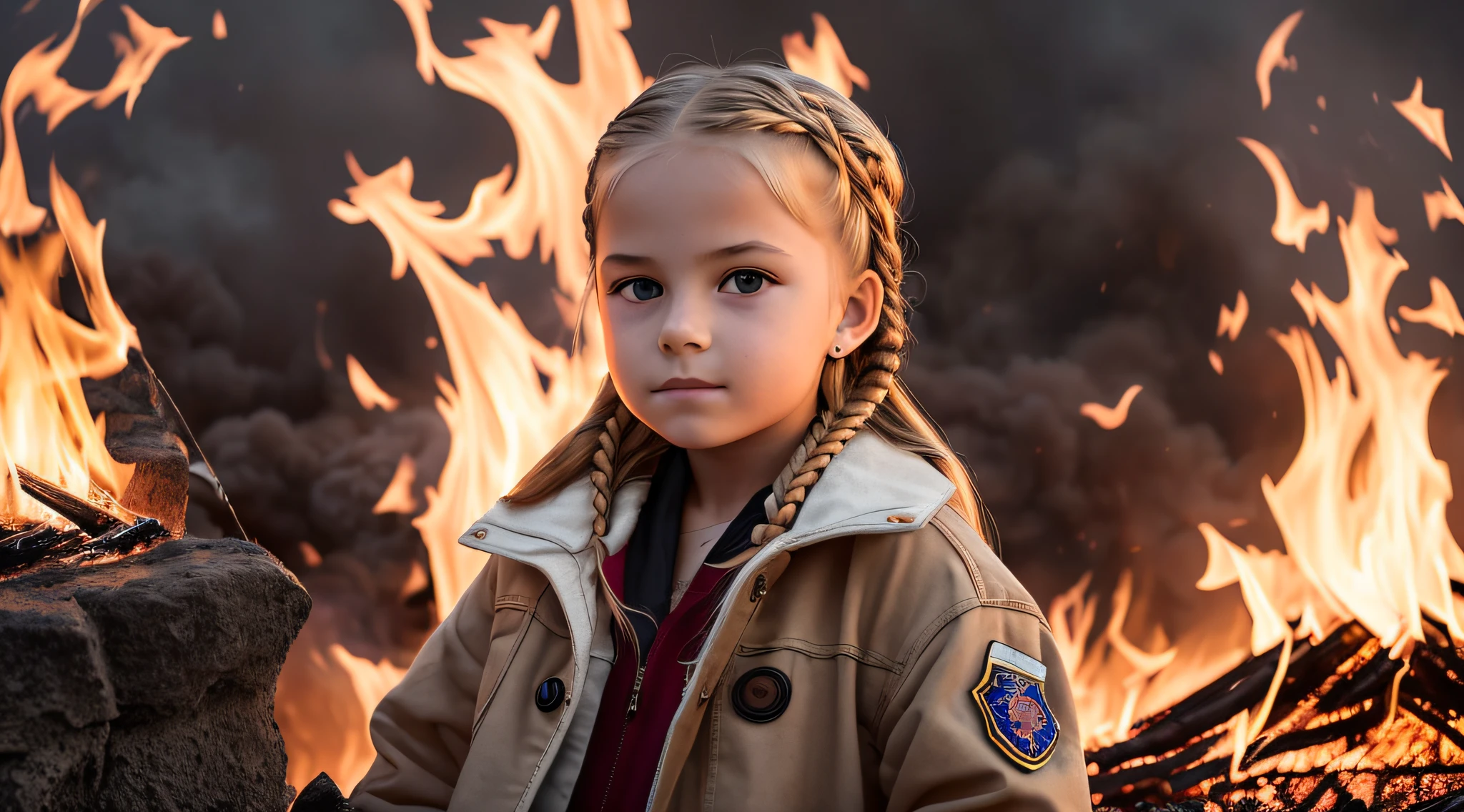 Girl child 10 years old, Russian blonde in braids, com roupa de jaqueta de couro vermelha, estilo retrato, flames are glowing in the dark with a reflection of the fire, chamas de fogo, chamas no fundo, fogo e chamas.