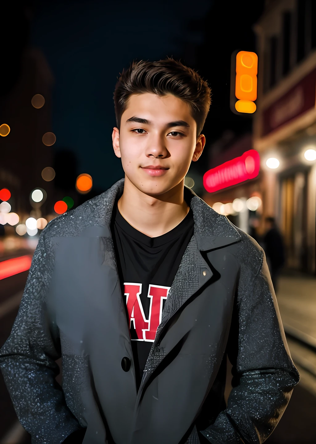 photo in RAW format, Photo of an 18-year-old man, the night, city street, (high-detailed skin:1.2), 8k uhd, DSLR camera, soft-lighting, hiquality, film grains, Fujifilm XT3