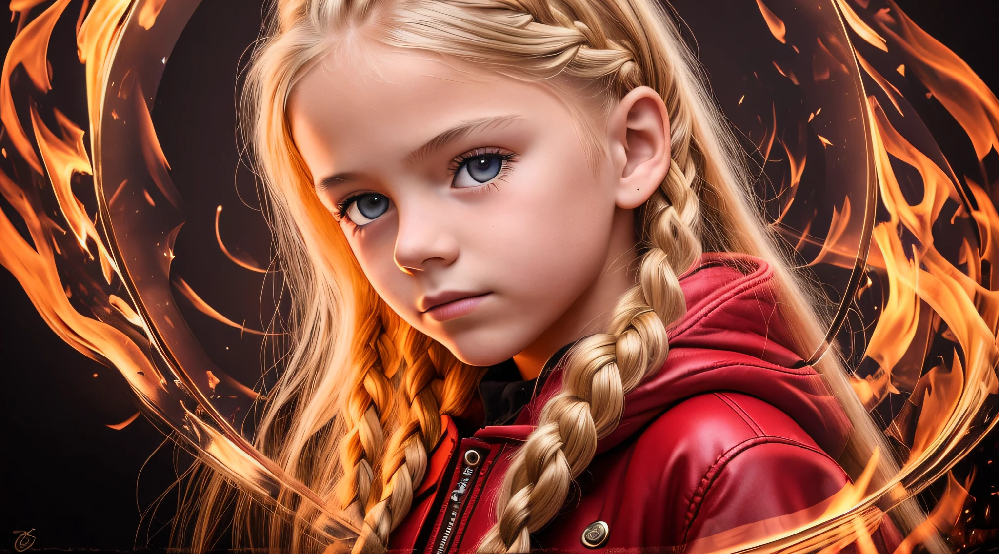 Girl child , Russian blonde in braids, com roupa de jaqueta de couro vermelha, estilo retrato, flames are glowing in the dark with a reflection of the fire, chamas de fogo, chamas no fundo, fogo e chamas.