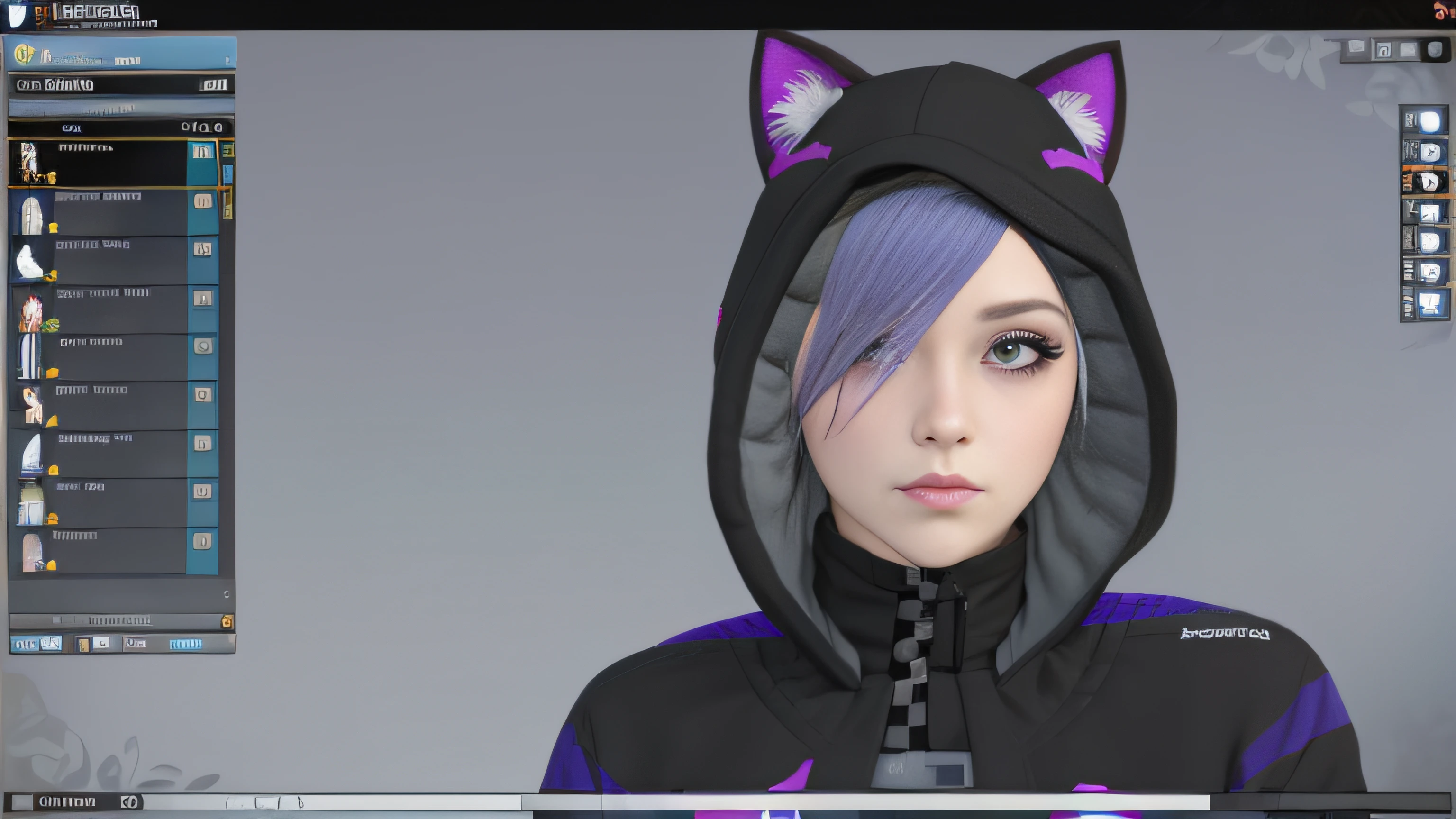 um close up de uma pessoa usando um capuz com uma orelha de gato, Avatar do Second Life, usando um capuz com orelhas pontudas, modelado em poser, menina com orelhas de gato, VRCabord, wearing cybernetic bunny ears, gatinha, menina anime com orelhas de gato, mulher com orelhas de gato, menina gato atraente, close up tiro de meio corpo, Roxo Transparente Sci - Capuz FiFi