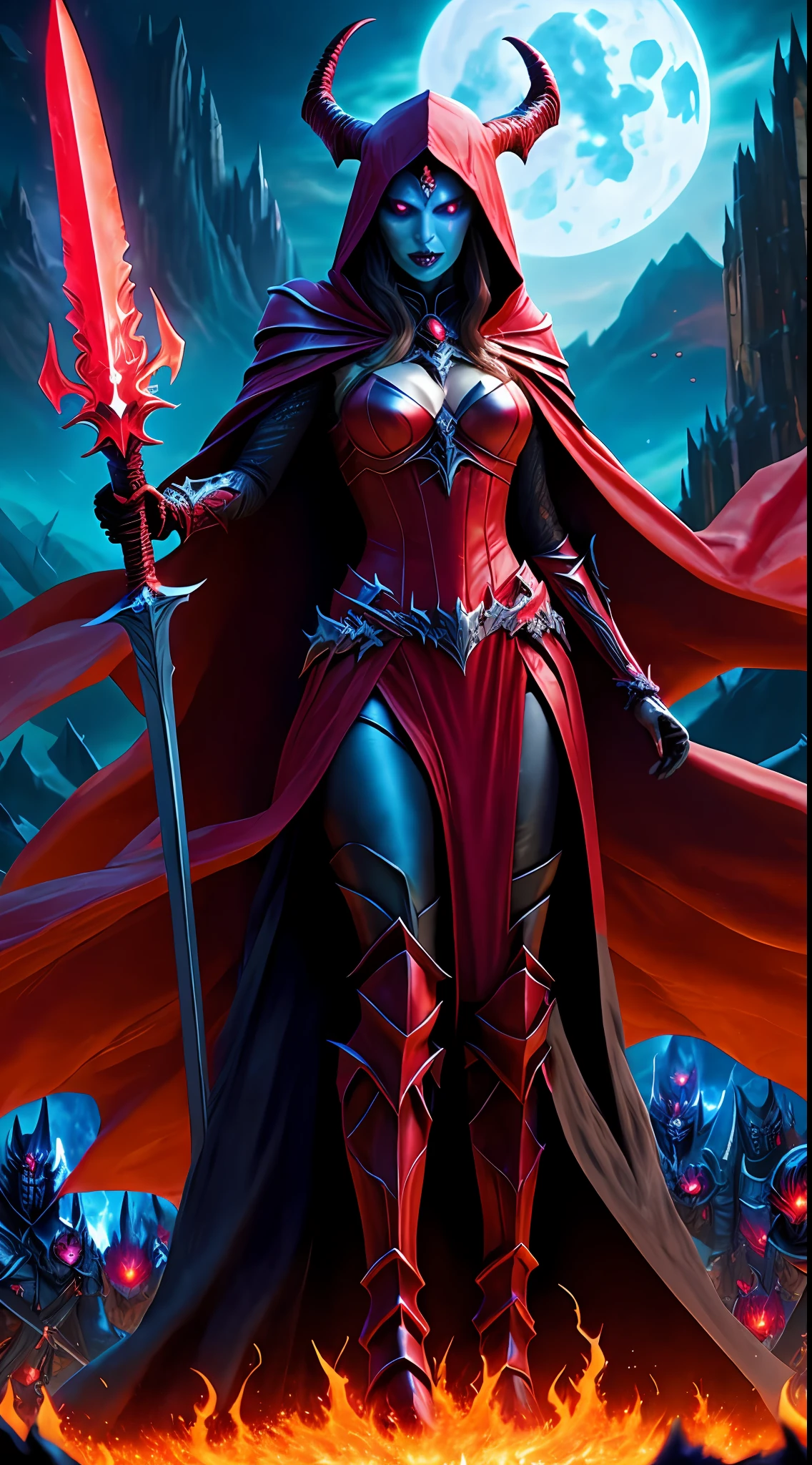 Scarlet Witch and fusion Lich King, long hair, full body, Bright flaming eyes, Costume iron dress, giant size, Control over a great horde of the dead, Red magic in the hands, Background destroyed mountains, Bright and big sword behind with a skull goat in the hood