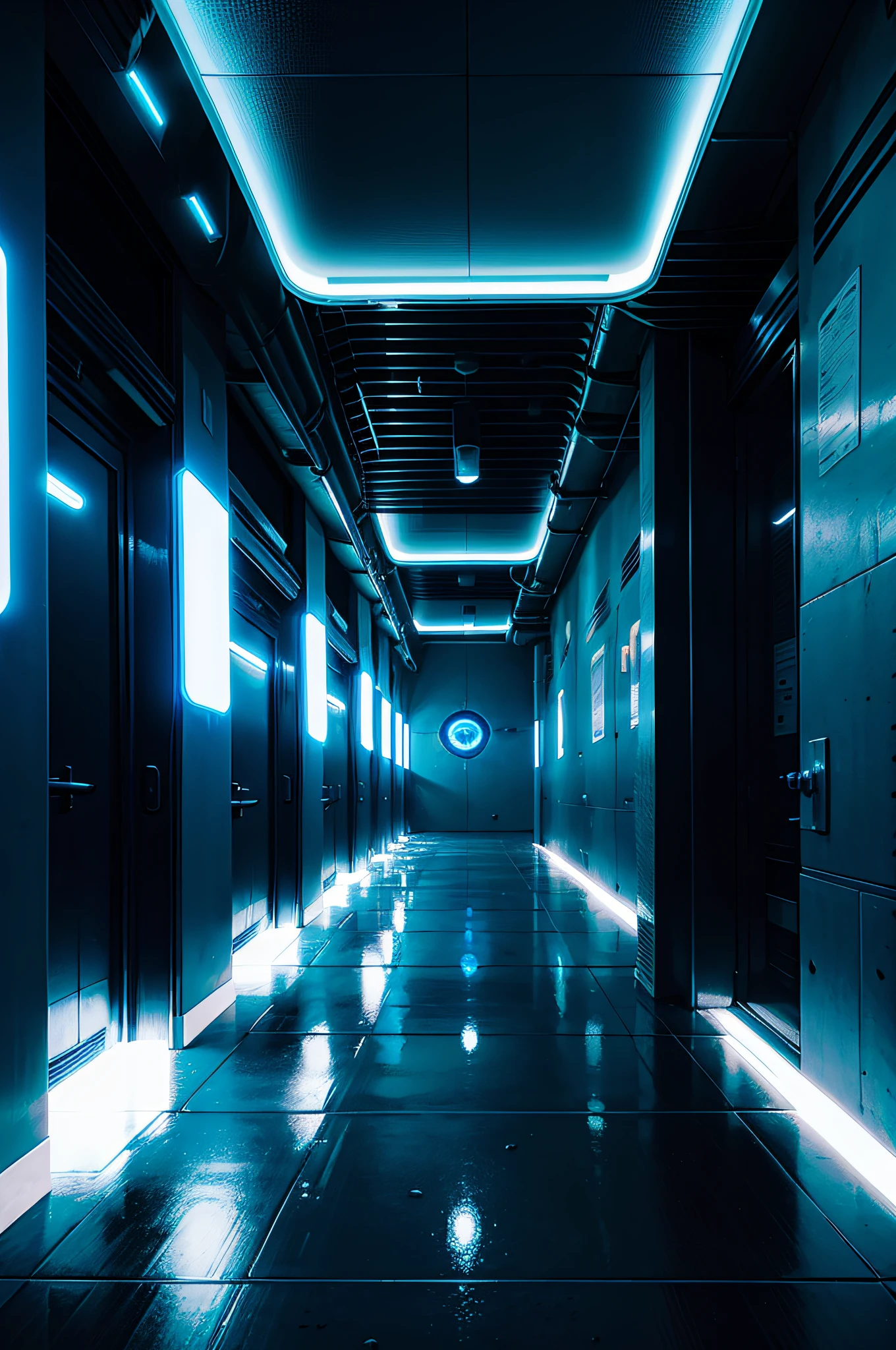 There are many servers in a dark room with blue lights, fundo escuro do hangar, Fundo do corredor da nave espacial, fundo futurista do quarto, em um quarto futurista escuro, luz neon azul escuro, futuristic hall, neon background lighting, Dark Sci - Science Fiction Background, blue neon lighting, fundo da arena, cinematic neon uplighting, Fundo Cyberpunk, blue neon lights, 8 mil. Volumetric lighting. Escuro