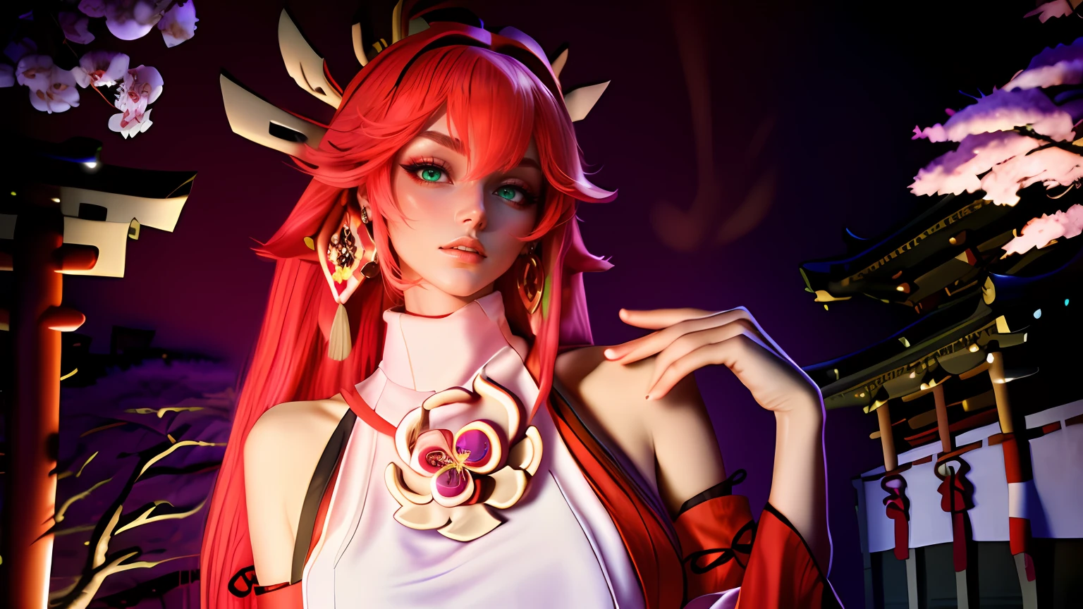 (Masterpiece, Excellent, 1girl, solo, complex details, color difference), realism, ((medium breath)), off-the-shoulders, big breasts, sexy, Yae Miko, long pink hair, red headdress, red highlight, hair above one eye, green eyes, earrings, sharp eyes, perfectly symmetrical figure, choker, neon shirt, open jacket, turtleneck sweater, against the wall, brick wall, graffiti, dim lighting, alley, looking at the audience, ((mean, seductive, charming)), ((cherry blossom background ))),((Japanese temple background)))), (((Glow-in-the-dark background)))
