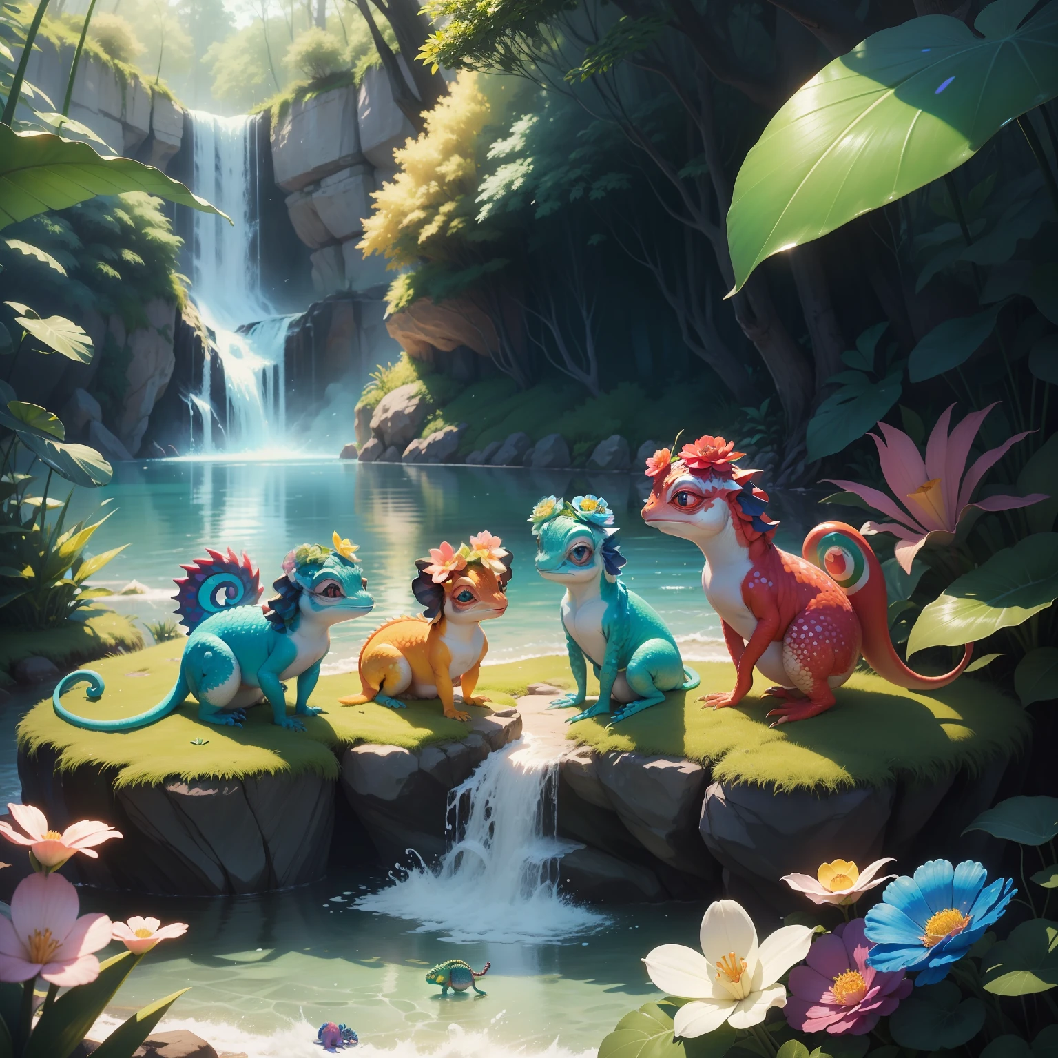realista, Ultrarrealista Fofo, Disney-style chameleons, Olhos bonitos e doces encantadores, 1 red chameleon 1 blue chameleon 1 yellow chameleon 1 pink chameleon 1 green chameleon (1 de cada cor) com olhos doces e bonitos, They are in the enchanted forest, com flores, Rainbow and waterfall Disney movie style  (( The 5 ultra-realistic cute chameleons, estao juntos na floresta encantada, , in the background of the image has rainbow, flores e cachoeirs))   trending in cgsociety,  CGSetnação, 8k arte detalhada de alta qualidade, CGSetalidade 9, arte digital detalhada bonito, pintura digital altamente detalhada, Beeple e Jeremias Ketner, cgssociedade, altamente detalhado, CGCsociedade inspirada, [ trending in cgsociety ]!!